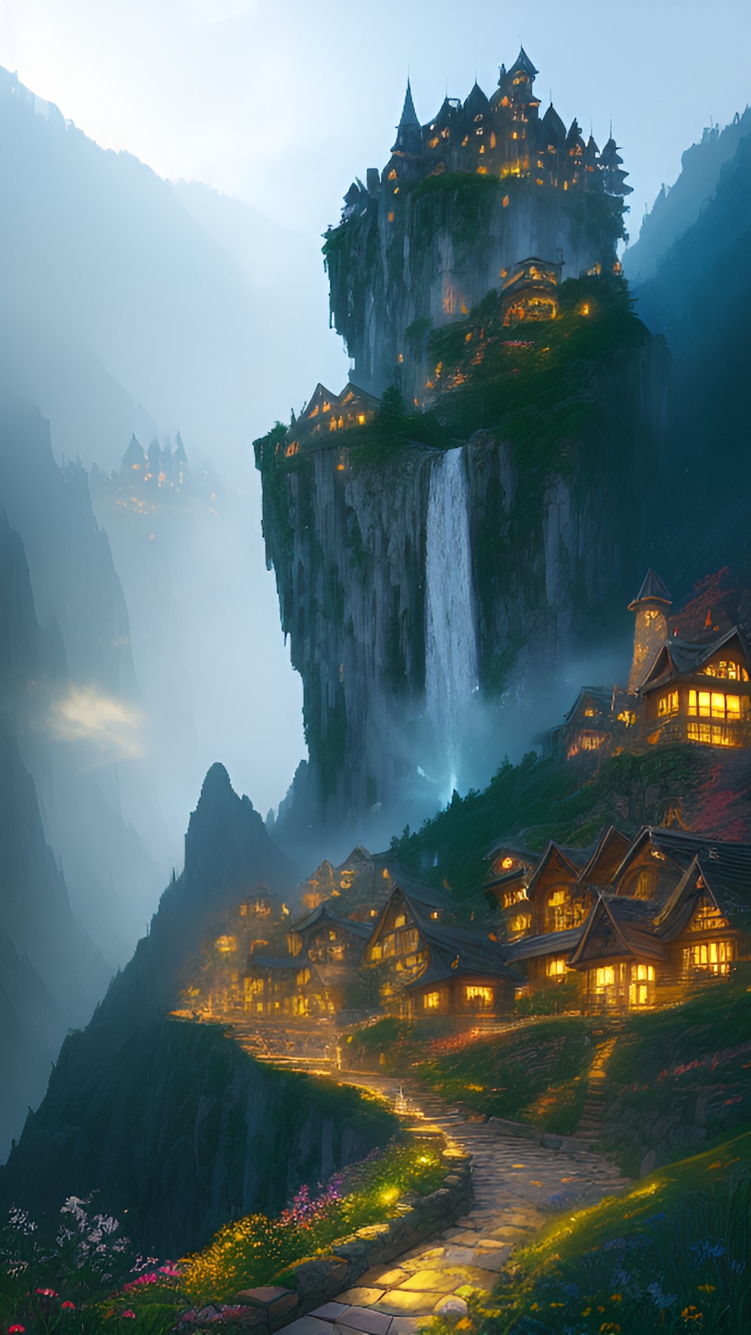 fantasy renaissance village built on the side of a mountain in the springtime, cobblestone pathways on the edges of cliffs, waterfall cascading down the side of the rocky formations, light fog preview