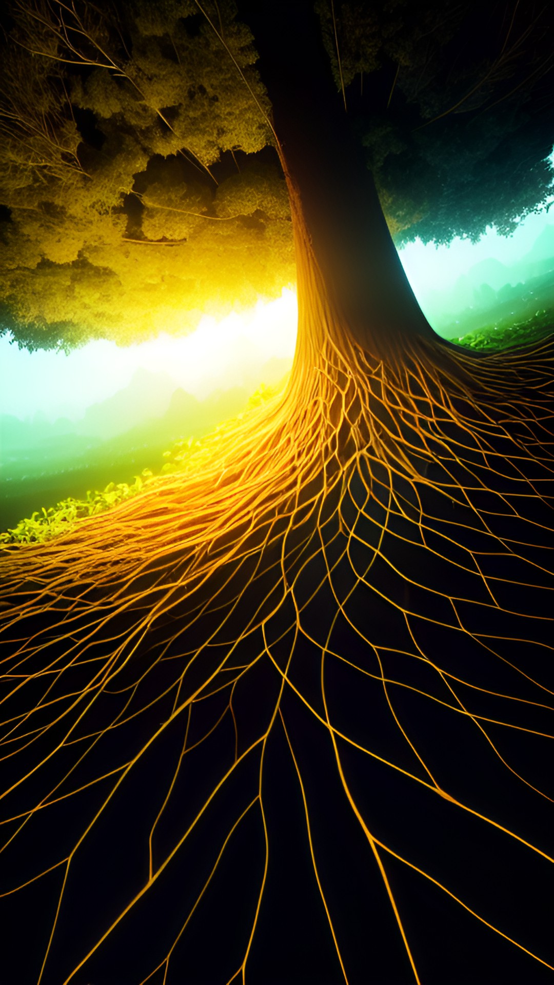 a giant net of trees connected by roots, communicating with each other, miracle intelligent plants, aerial view, luminous, luminescent roots preview