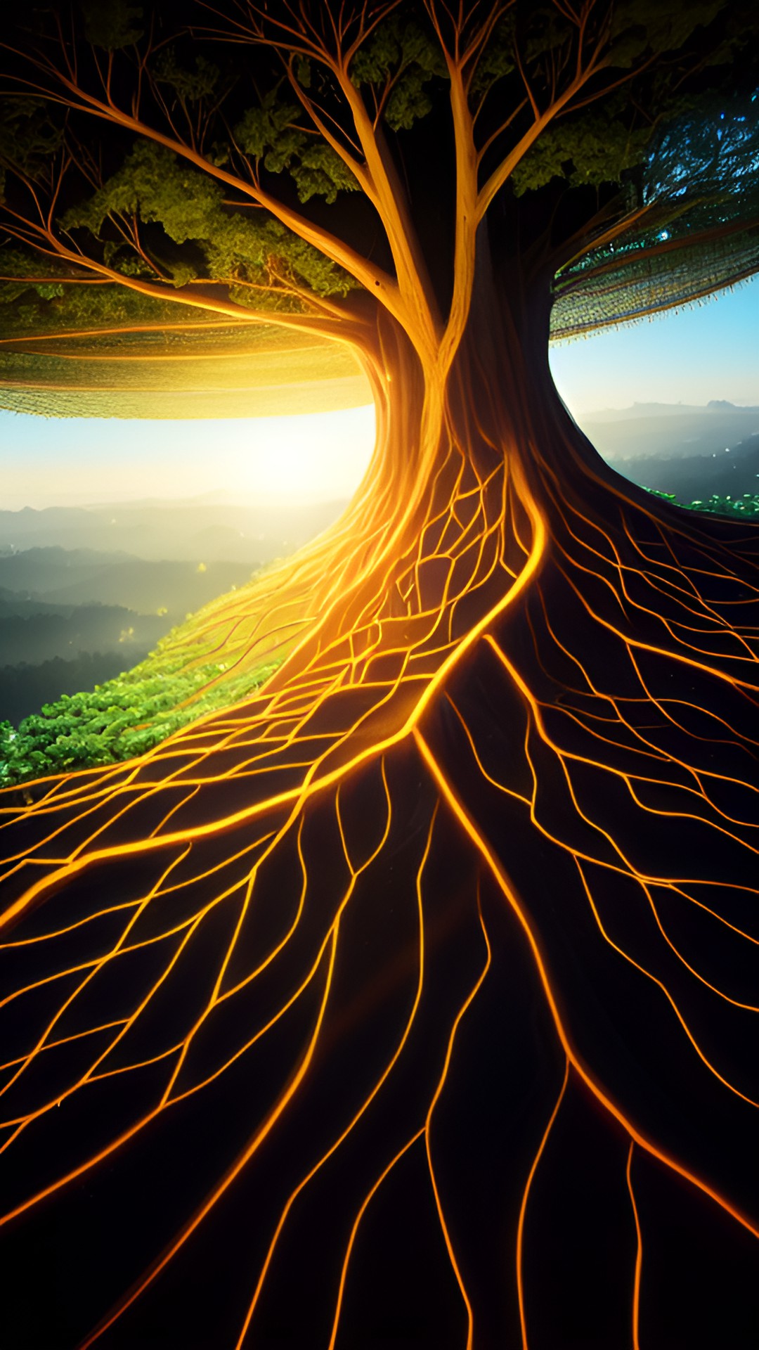 a giant net of trees connected by roots, communicating with each other, miracle intelligent plants, aerial view, luminous, luminescent roots preview