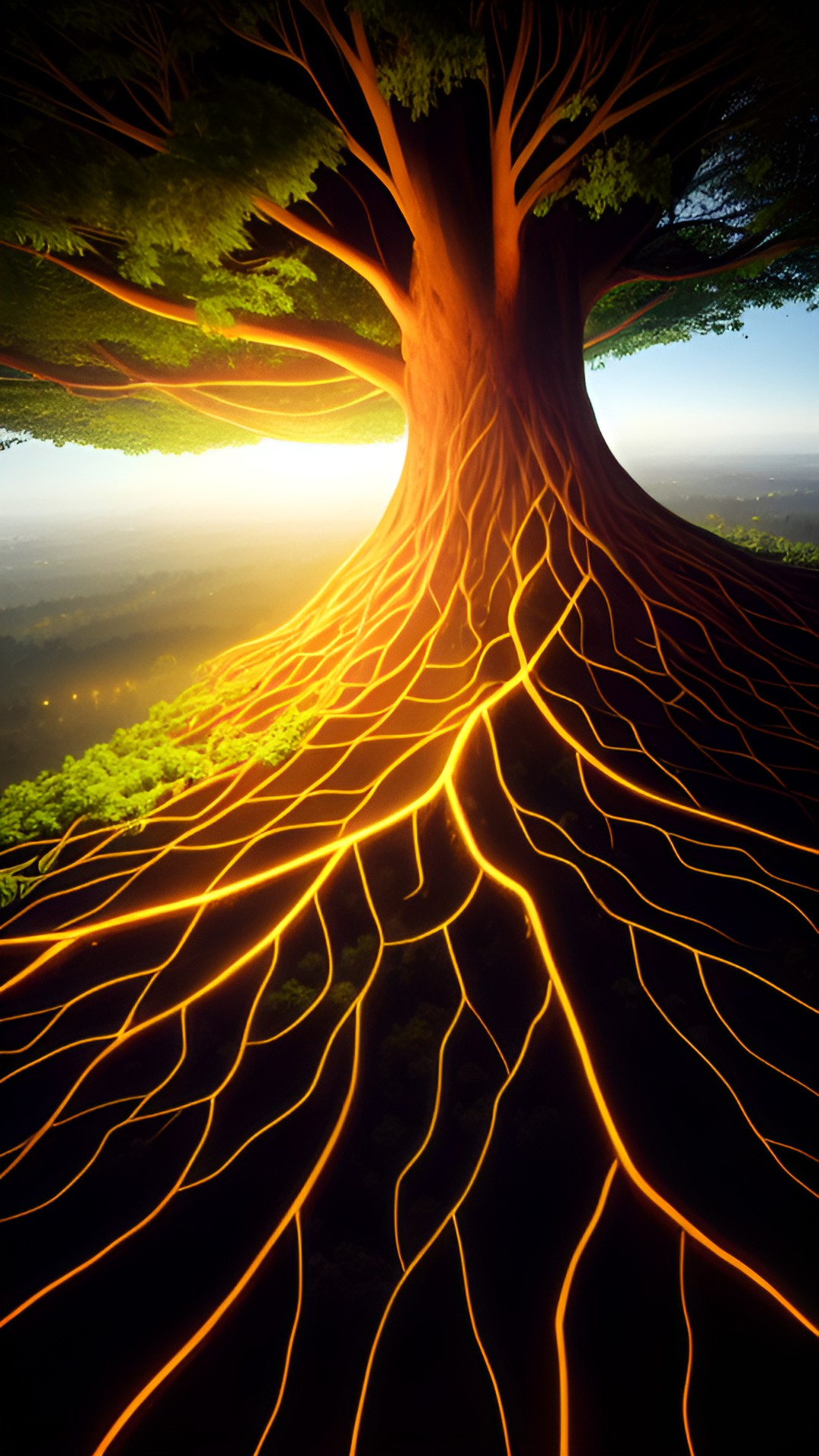 a giant net of trees connected by roots, communicating with each other, miracle intelligent plants, aerial view, luminous, luminescent roots preview