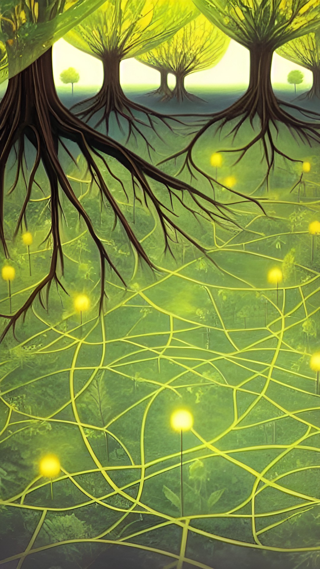 a giant net of trees connected by roots, communicating with each other, miracle intelligent plants, aerial view, luminous, luminescent roots preview