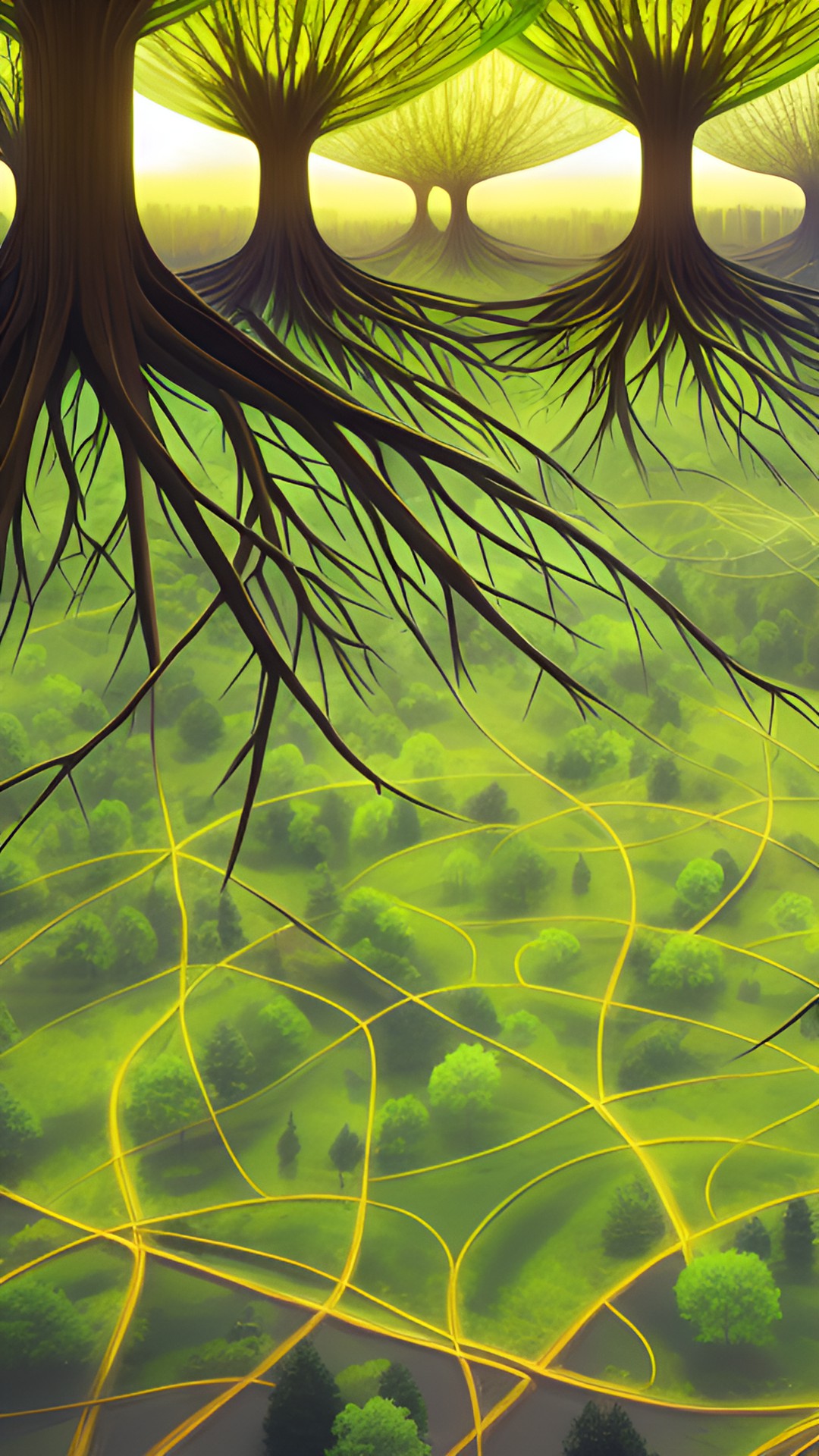 a giant net of trees connected by roots, communicating with each other, miracle intelligent plants, aerial view, luminous, luminescent roots, hdr, 4k, vfx preview