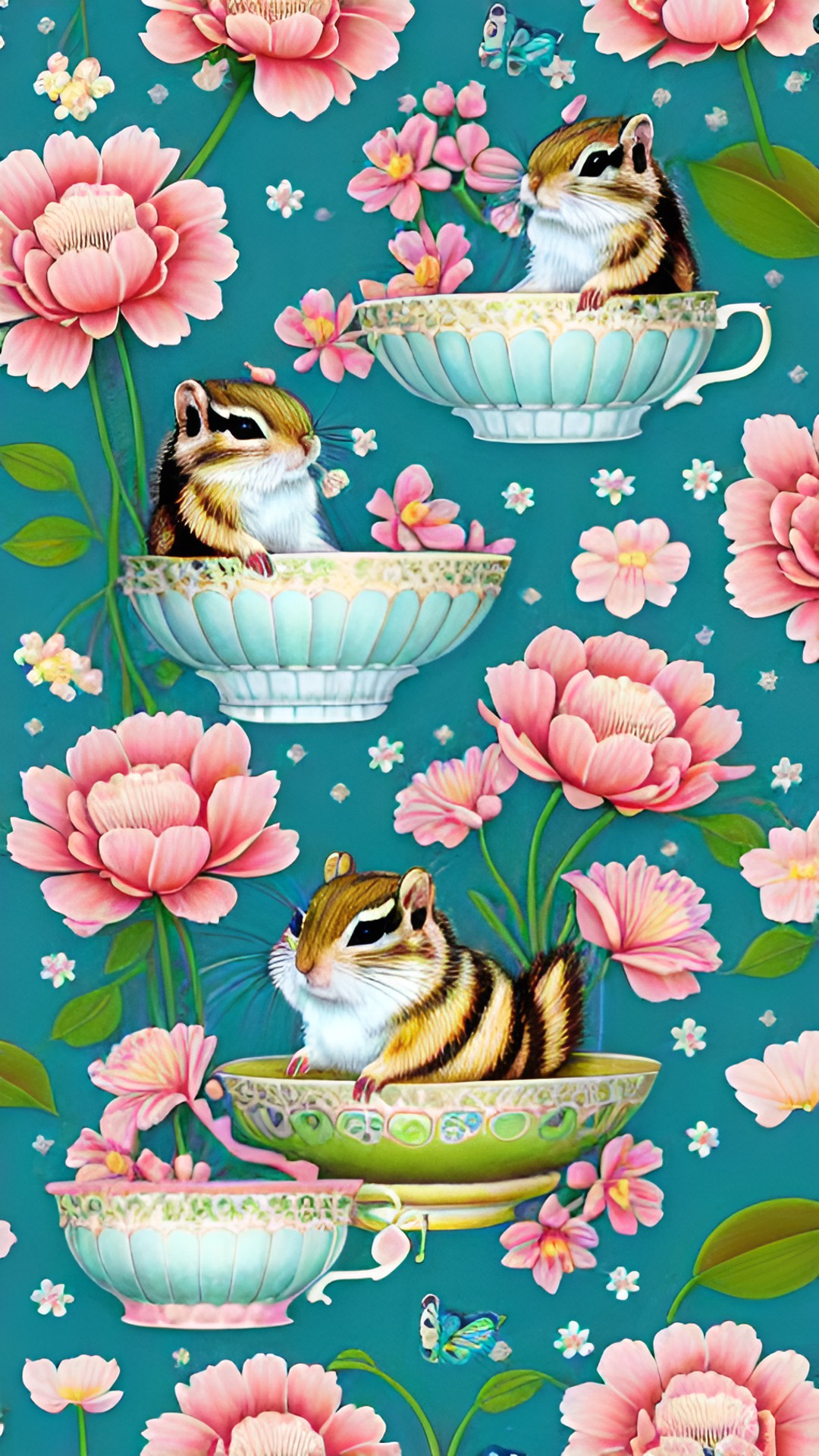 kawaii chipmunk in a teacup loves flowers. blossoms are everywhere. repeating pattern. pink and green. preview