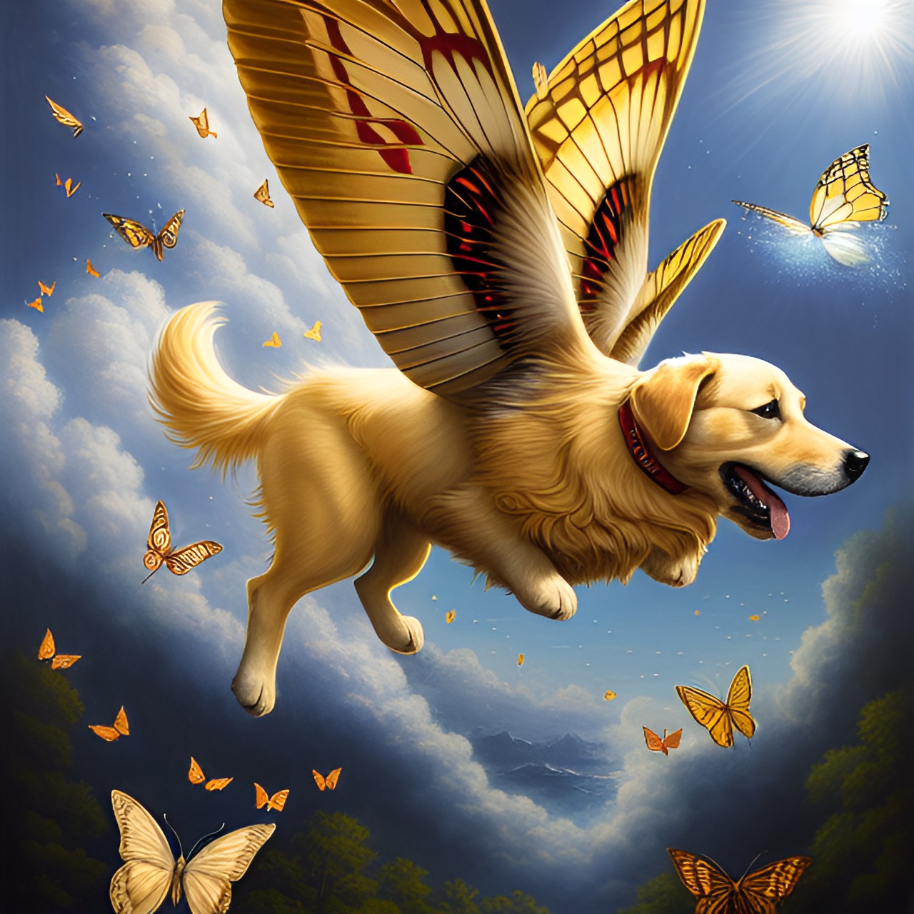 english cream golden retrievers fly through the air with butterfly wings. preview