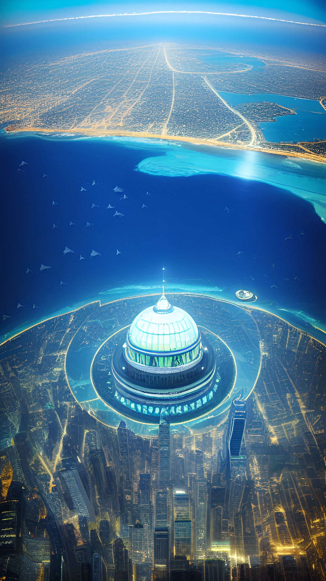 a bright domed city under the ocean. fish swarm all around. the ocean is bottomless. bright city lights show under the domes. preview