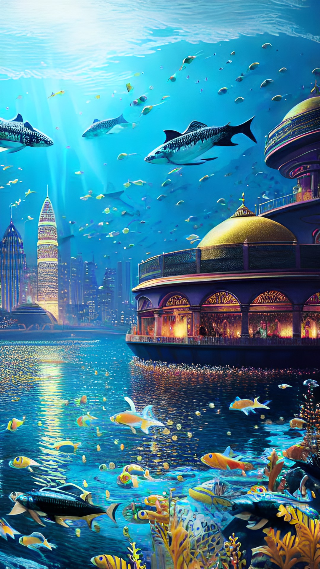 a bright domed city under the ocean. fish swarm all around. the ocean is bottomless. bright city lights show under the domes. preview