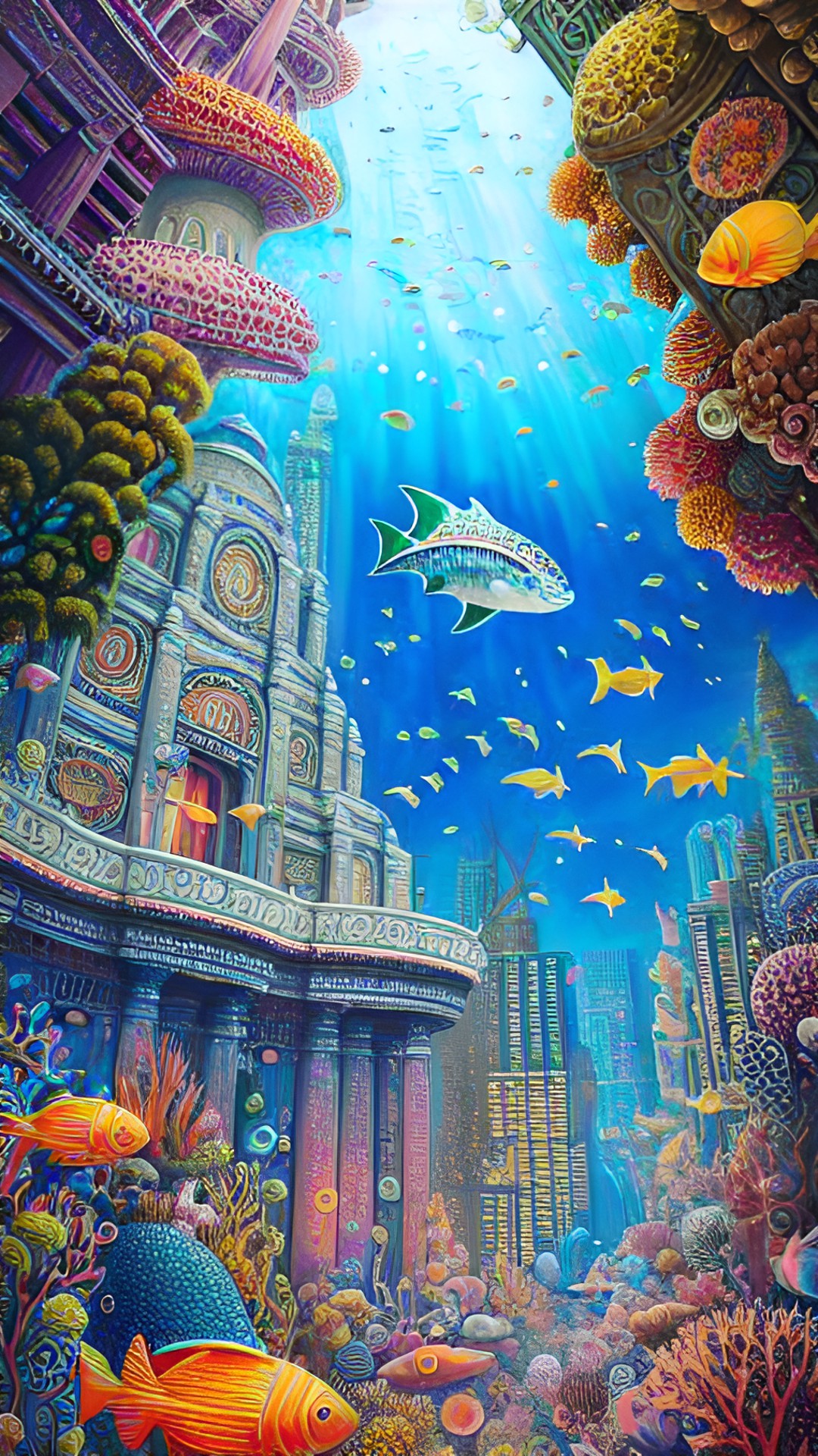 a bright domed city under the ocean. fish swarm all around. the ocean is bottomless. bright city lights show under the domes. preview