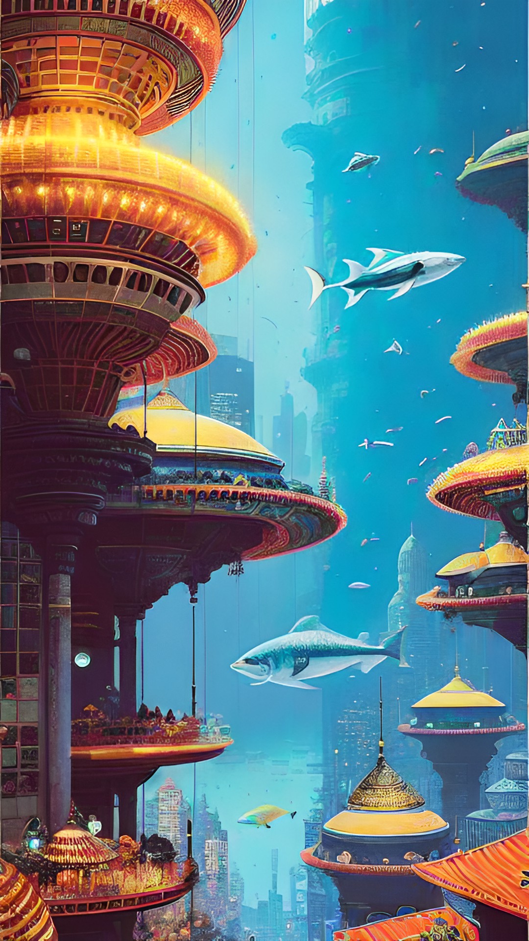 a bright domed city under the ocean. fish swarm all around. the ocean is bottomless. bright city lights show under the domes. preview