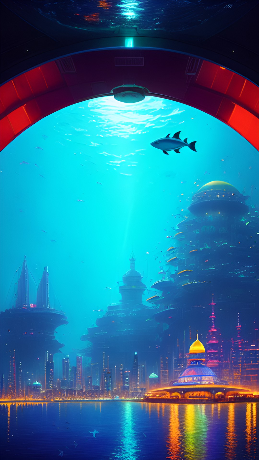 a bright domed city under the ocean. fish swarm all around. the ocean is bottomless. bright city lights show under the domes. preview