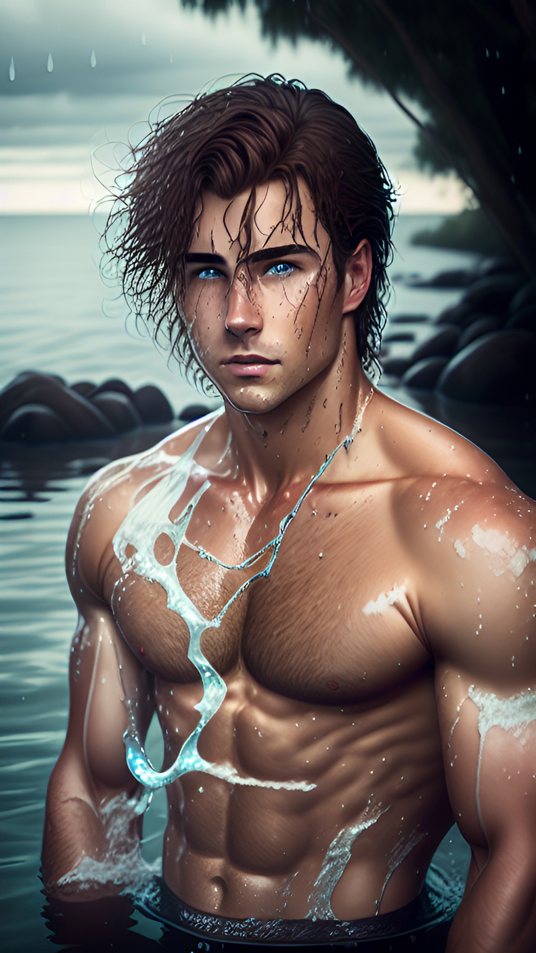 a handsome man with wet hair and water on him, without a shirt, with some muscles, brown hair and a light blue eyes preview