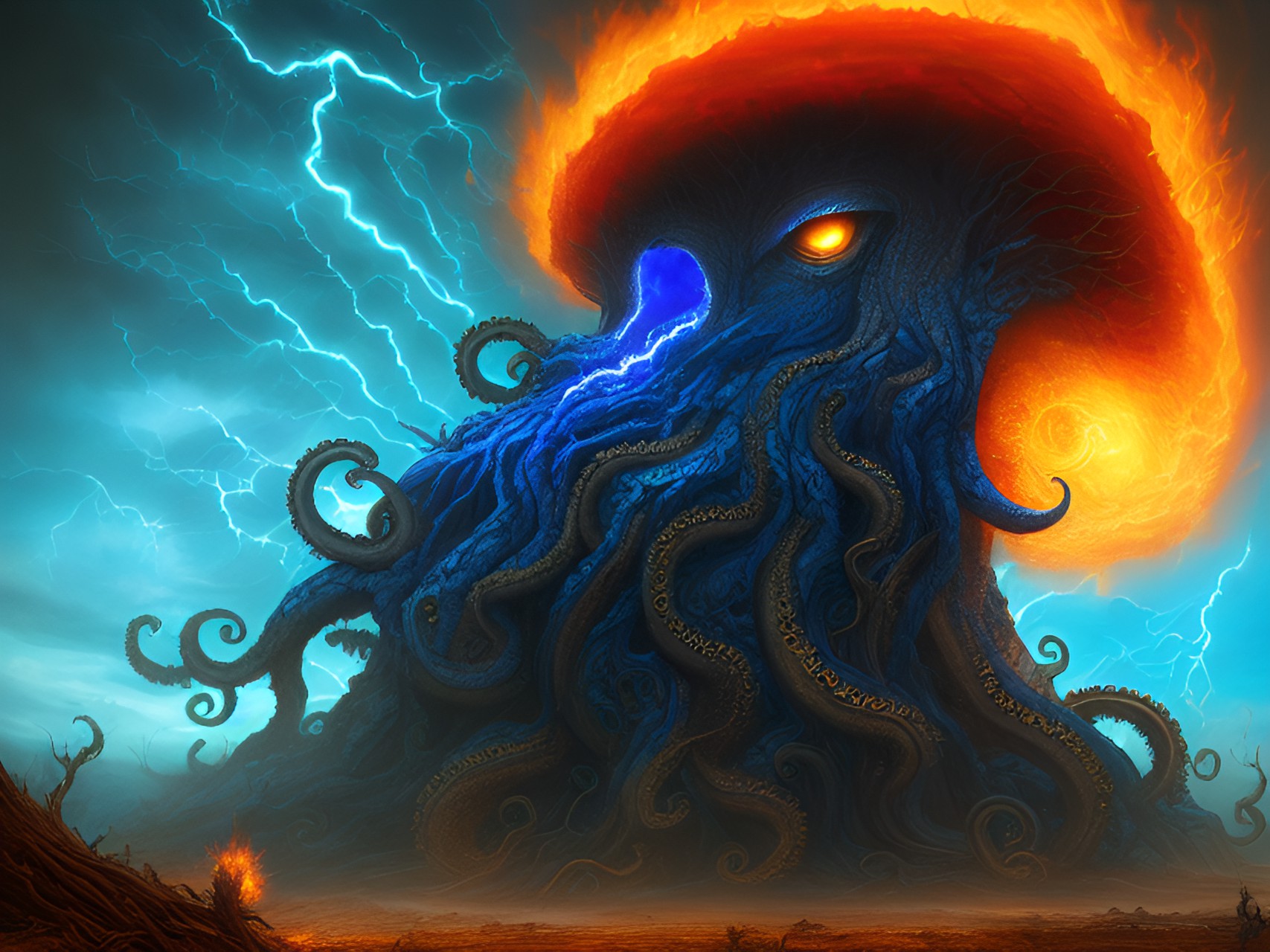 tree monster octopus, blue lightning , fire preview