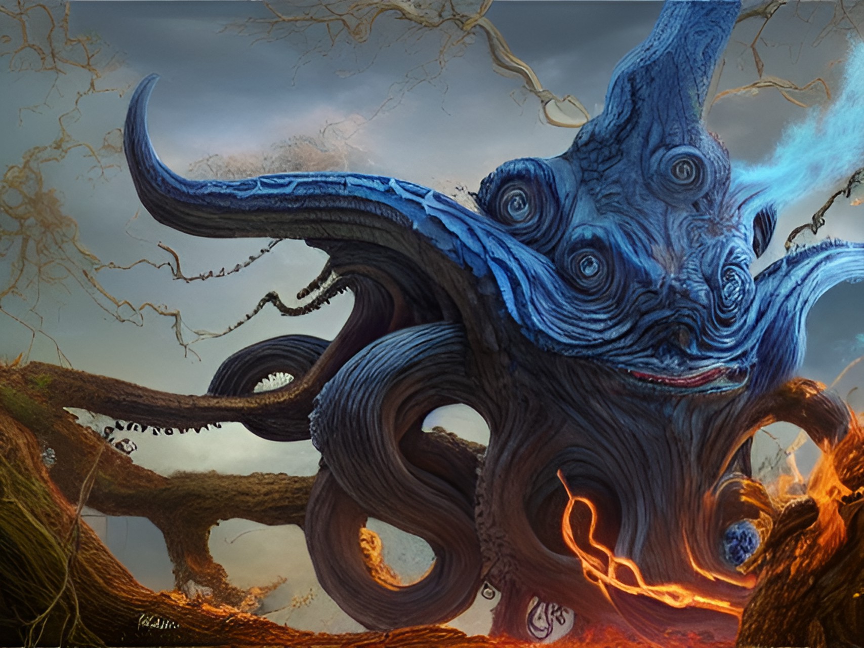 tree monster octopus, blue lightning , fire preview