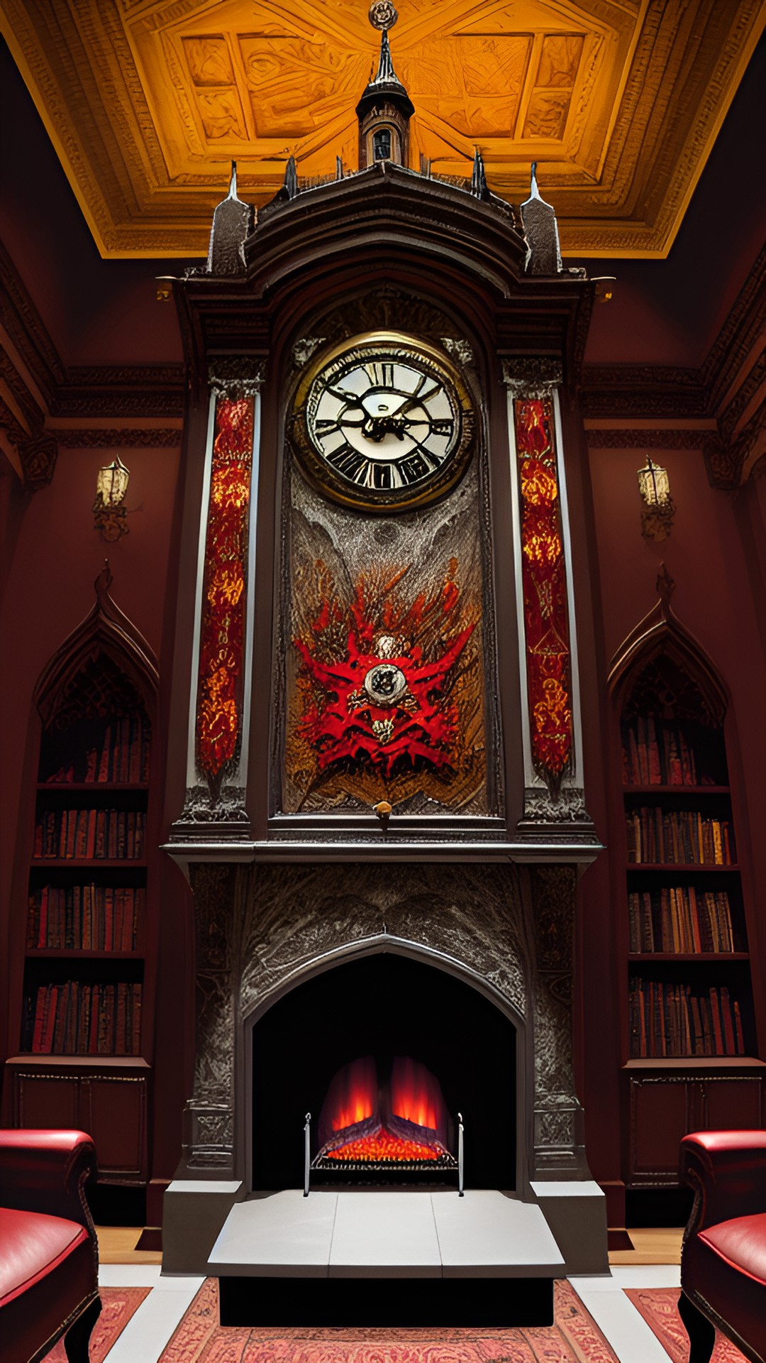 Dracula's Parlor - red bat dracula dark castle granfatherclock fireplace preview