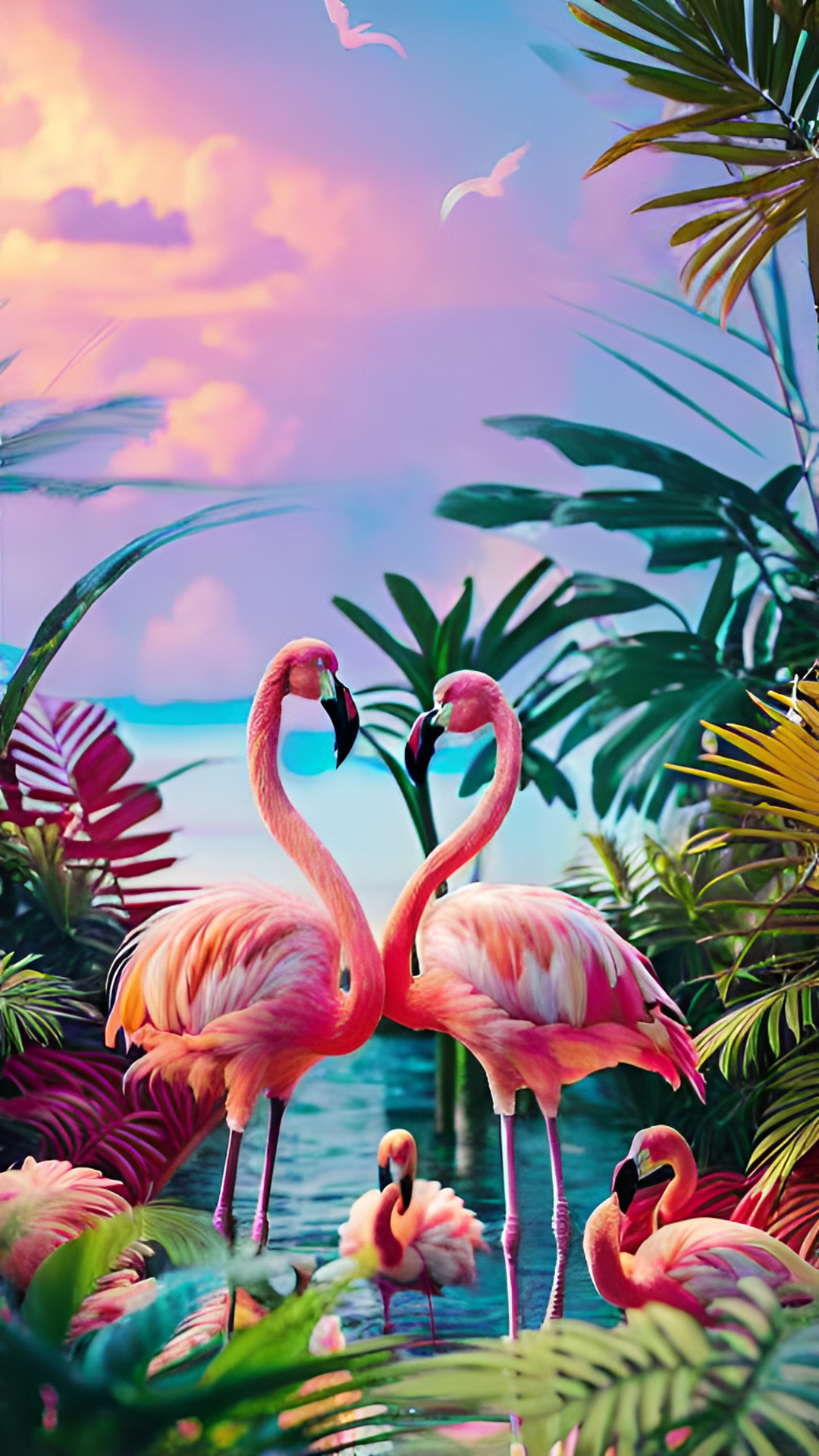 flamingos in a caribbean sunset. tropical plants and flowers everywhere. preview