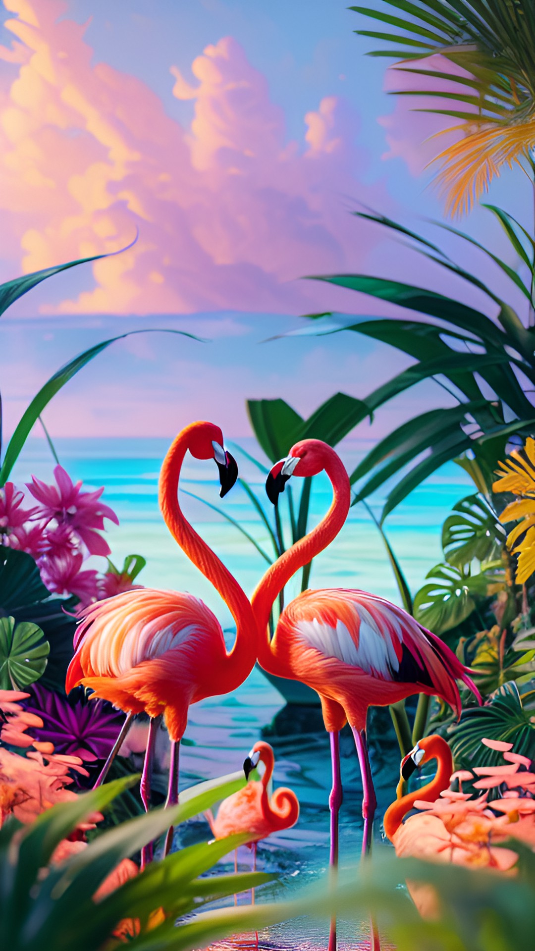 flamingos in a caribbean sunset. tropical plants and flowers everywhere. preview