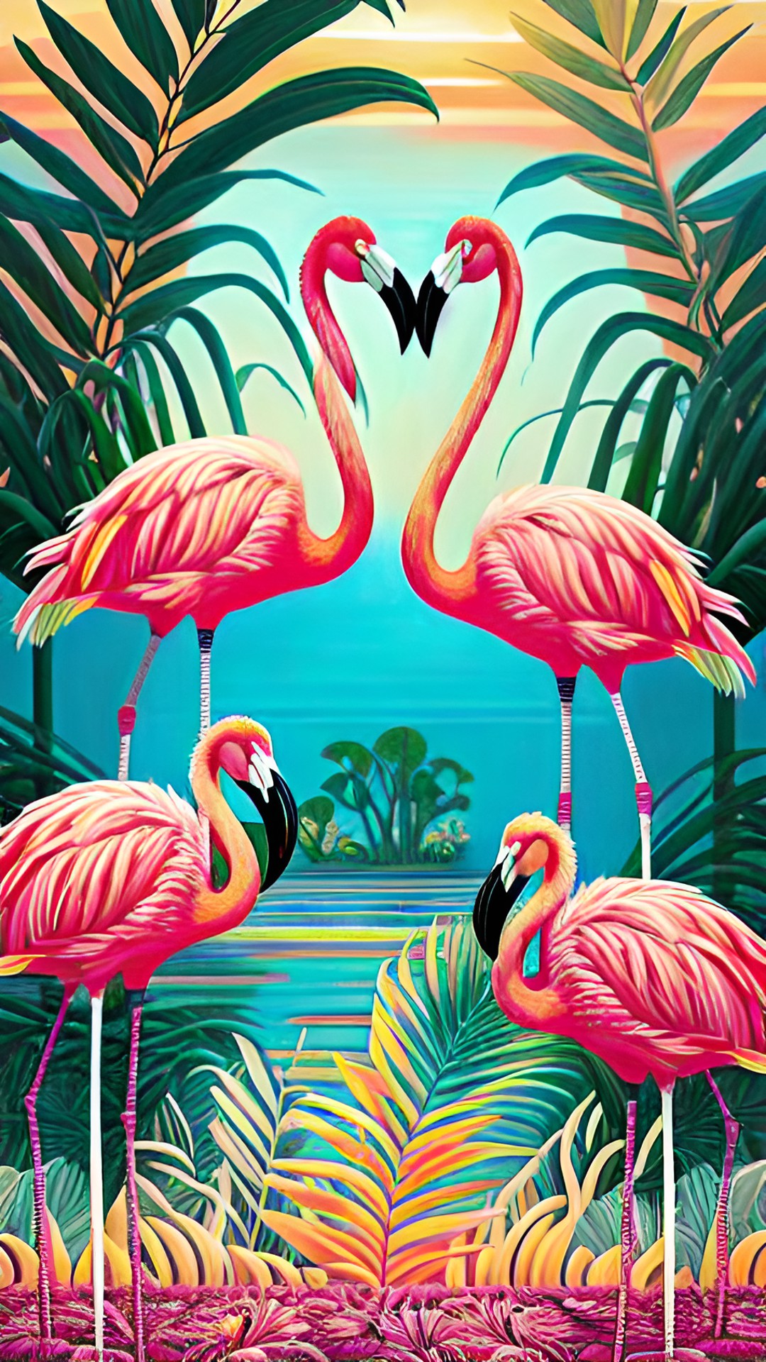 flamingos in a caribbean sunset. tropical plants and flowers everywhere. preview