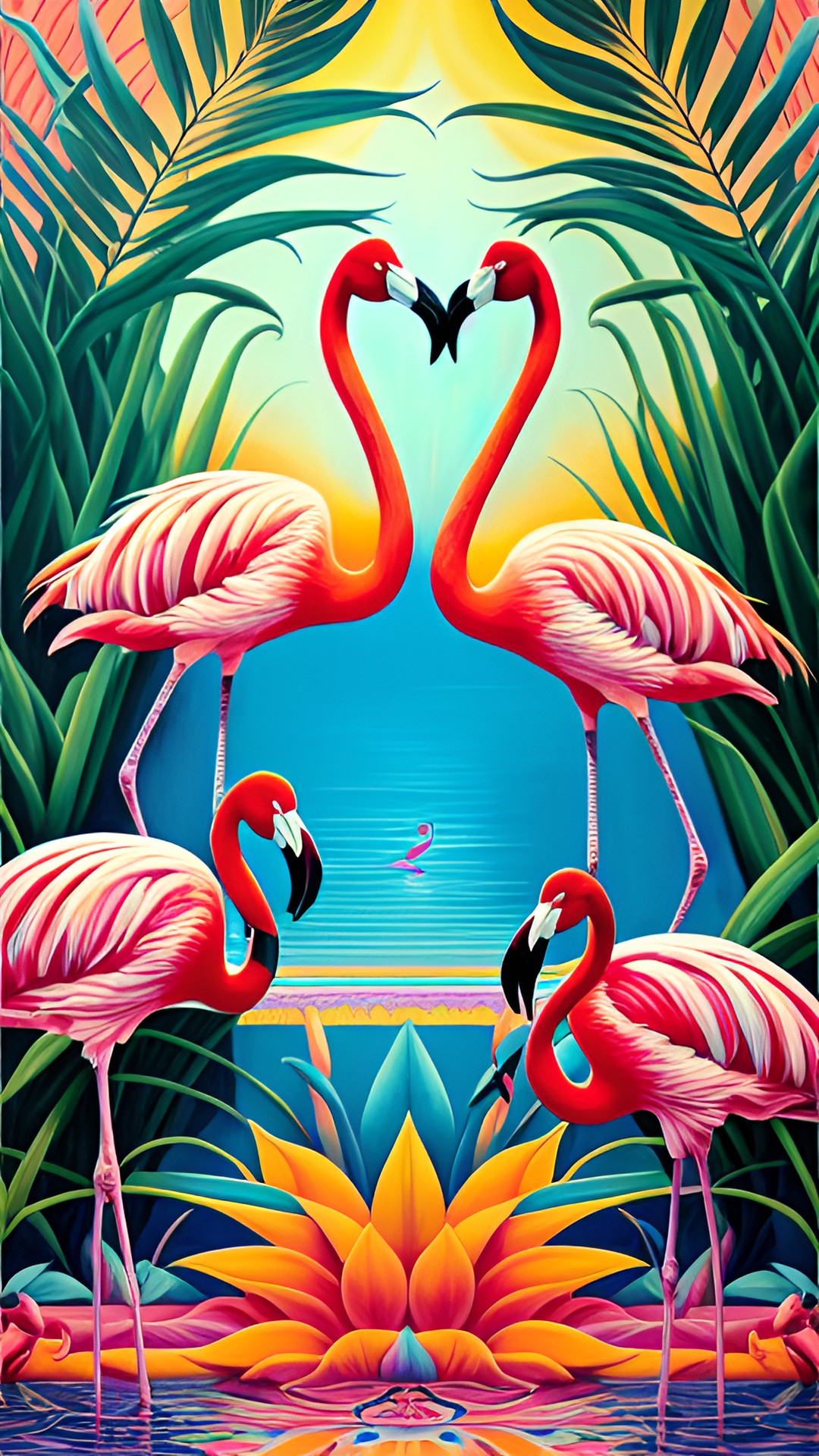 flamingos in a caribbean sunset. tropical plants and flowers everywhere. preview