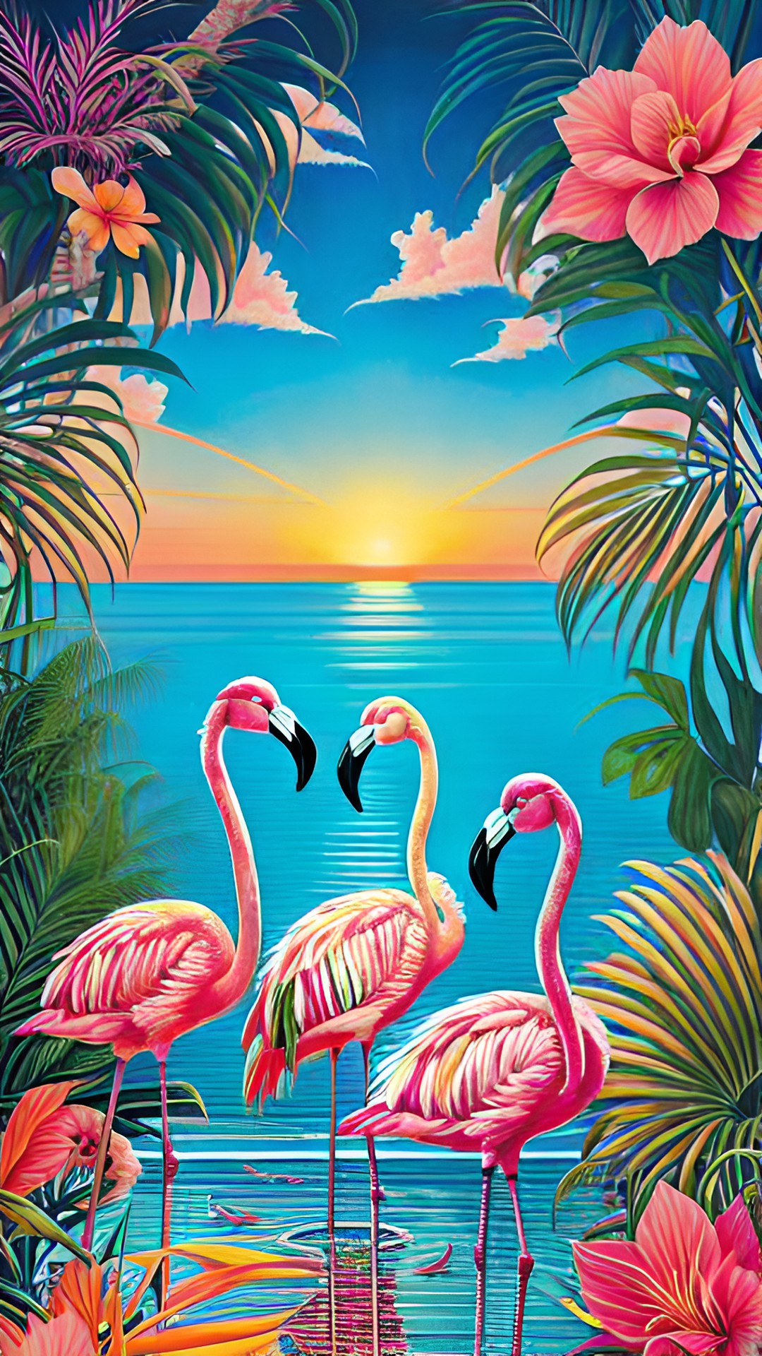 flamingos in a caribbean sunset. tropical plants and flowers everywhere. preview