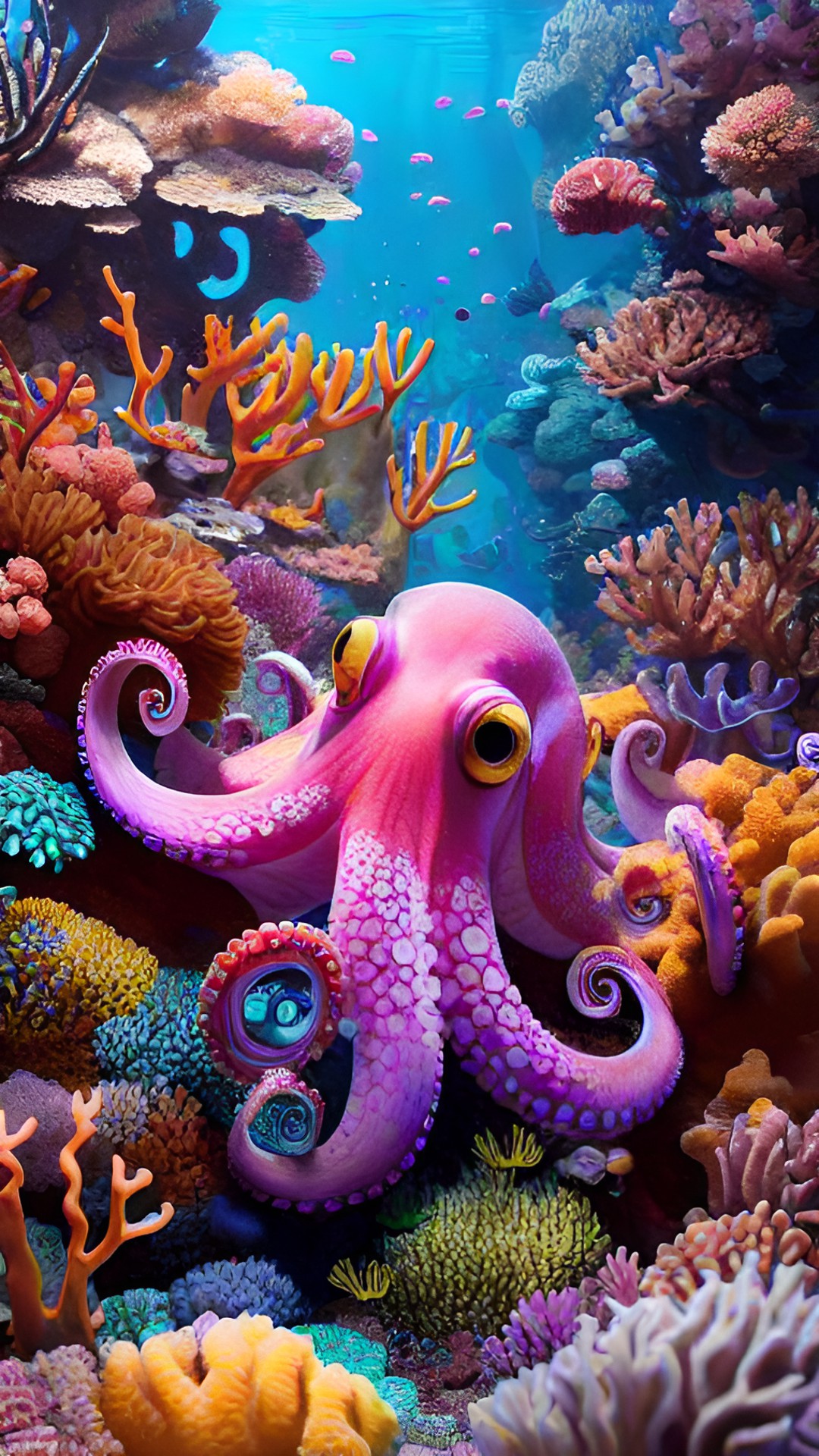 an octopus swims across a colorful coral reef. preview