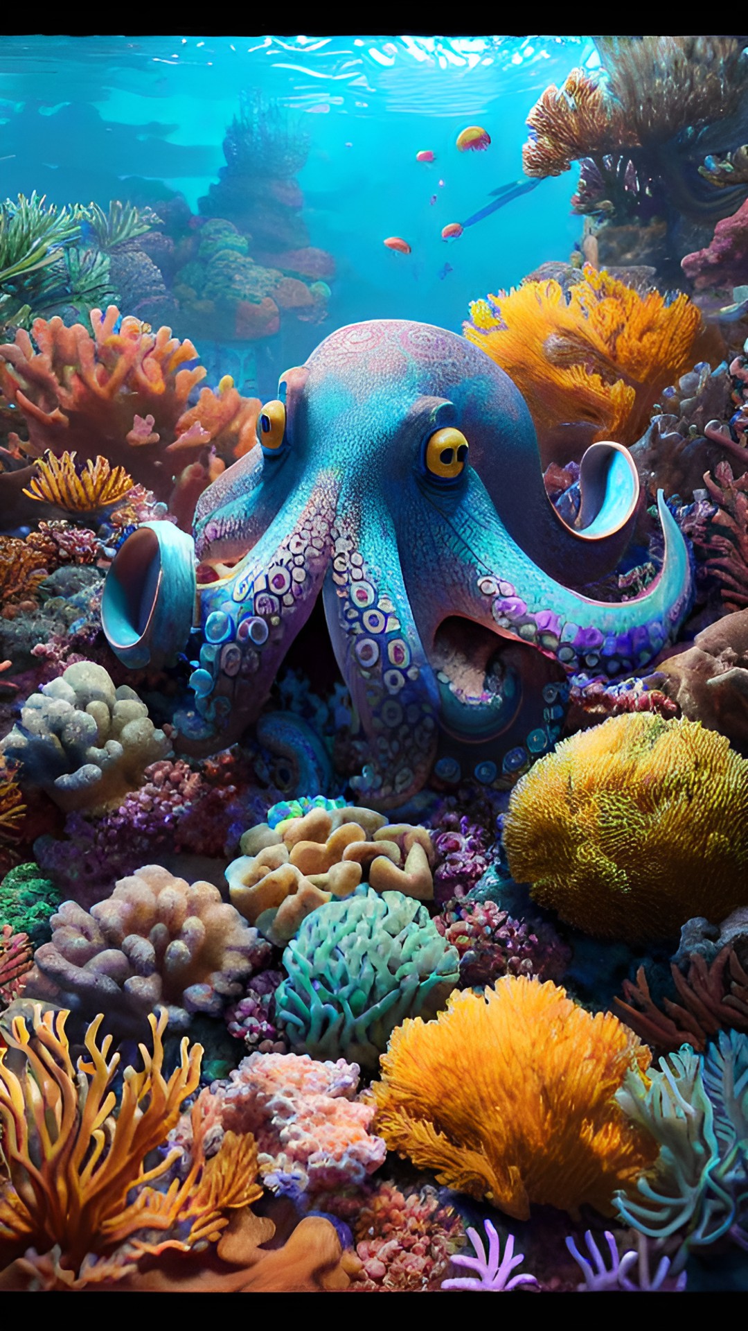 an octopus swims across a colorful coral reef. preview