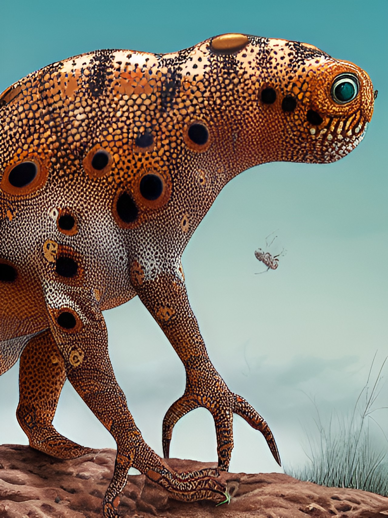 portrait of a surreal spotted print creature in unusual habitat preview