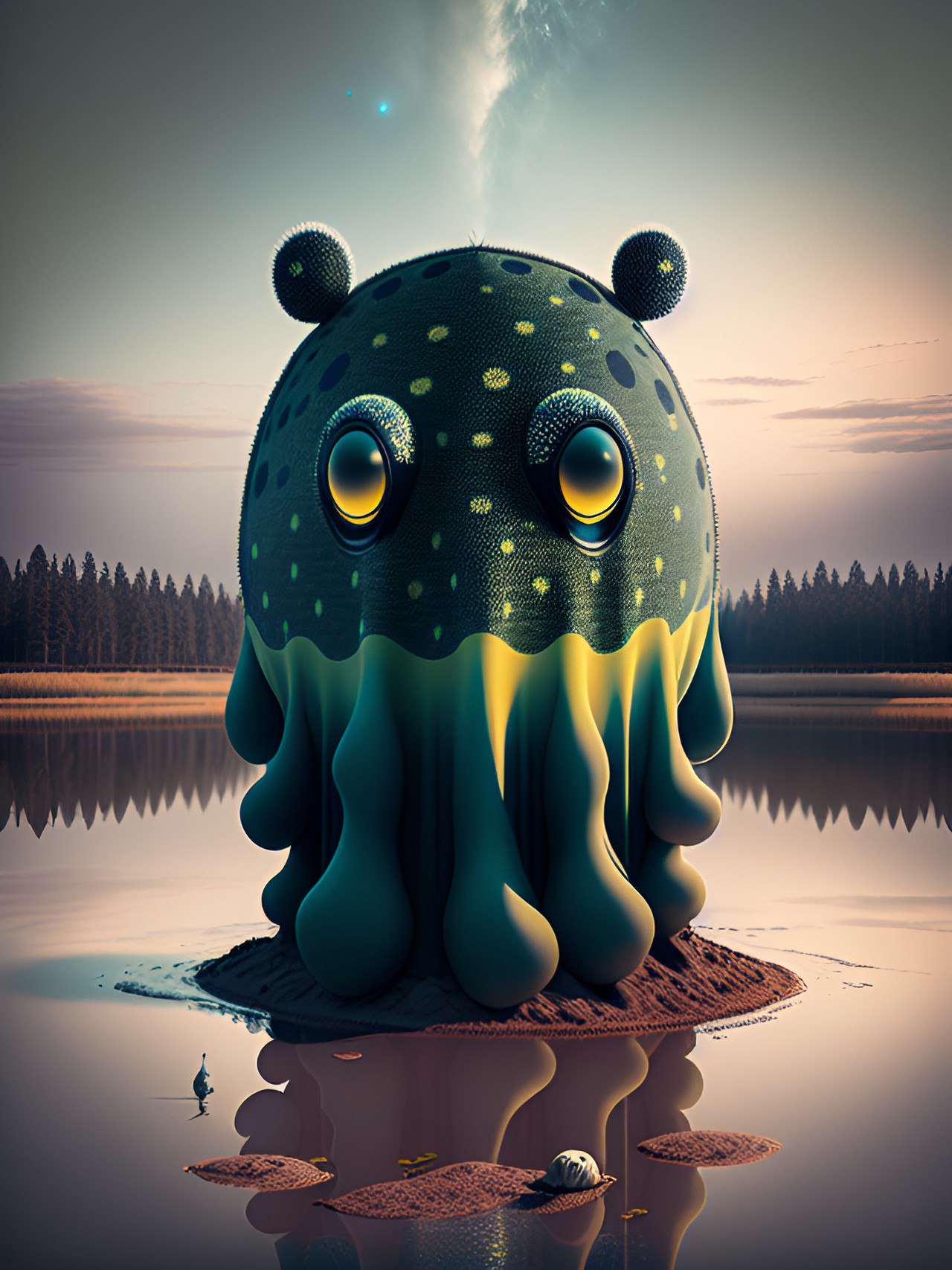 large surreal spotted print creature in unusual habitat preview