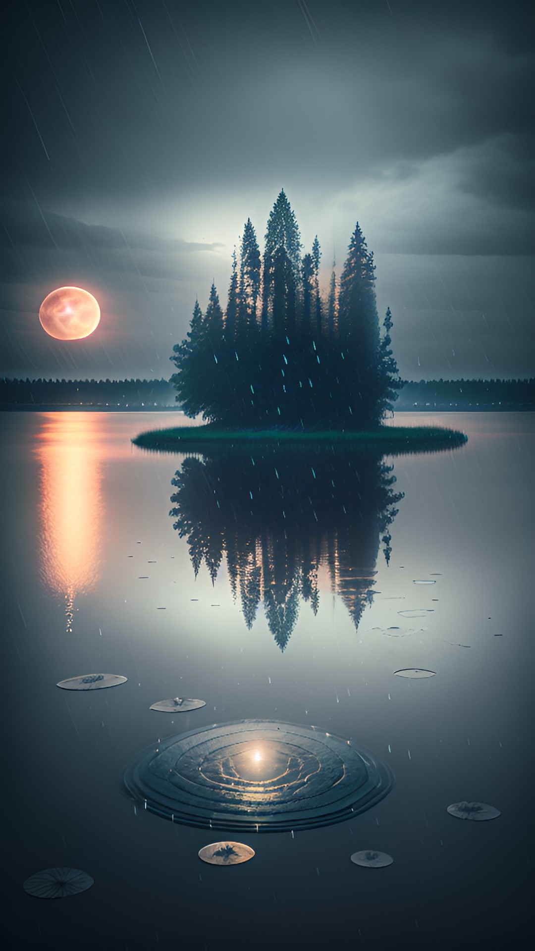 rain in lake with full moon preview