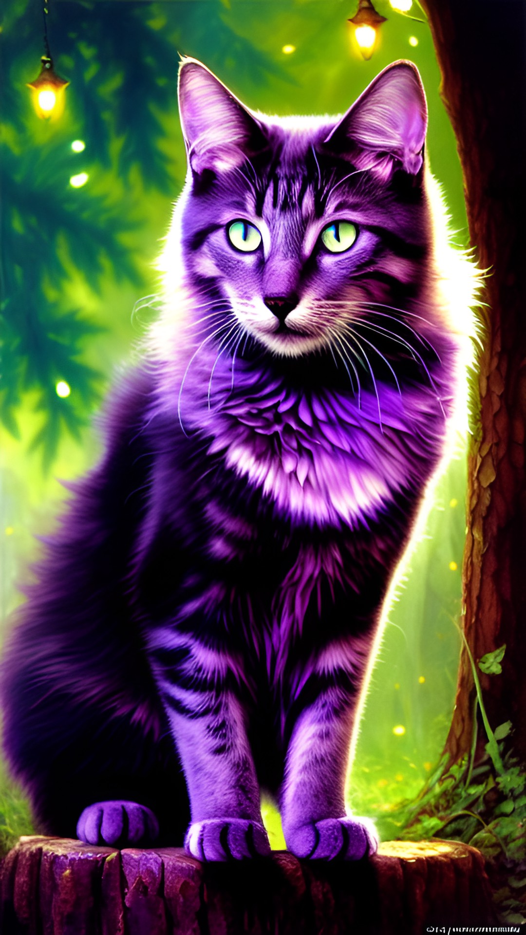 Purple cat - mystical cat with bright, piercing eyes that seem to glow. its fur is a deep shade of purple, and there are golden markings on its forehead. preview