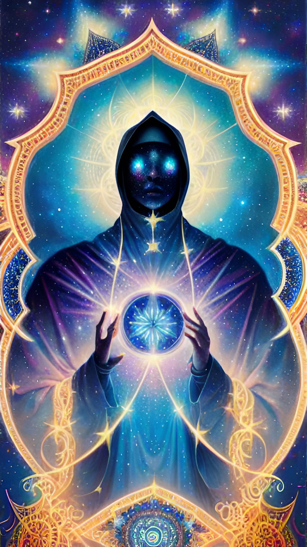 Ascension Awakening - ascension, a hooded figure with stars for a face reaching towards the heavens, surrounded by bright light. the background is dark with stars and galaxies. a symbol of spiritual growth and transcendence. preview