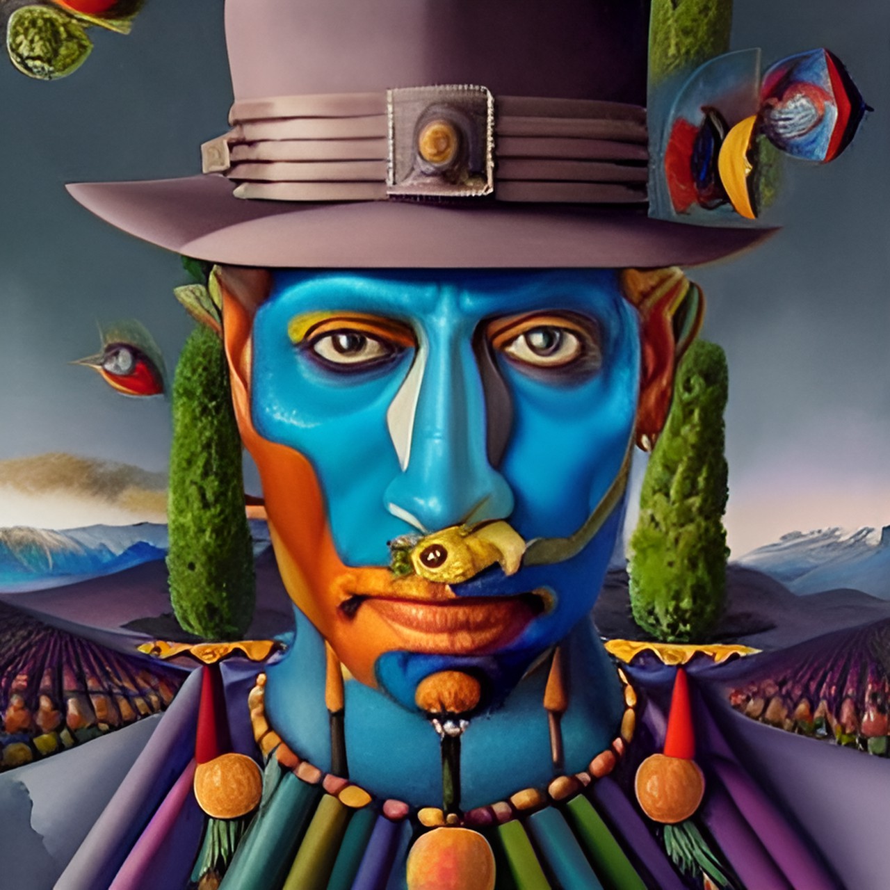 Blue Man - happy,trippy, dmt visuals, highly detailed, strange scenes, by arcimboldo, by dali preview