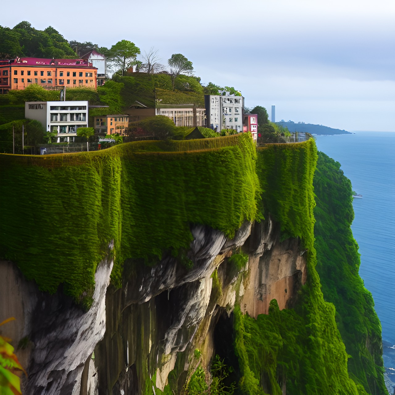 a city with wooden buildings side of a cliff with ivy vines and mossy rocks preview