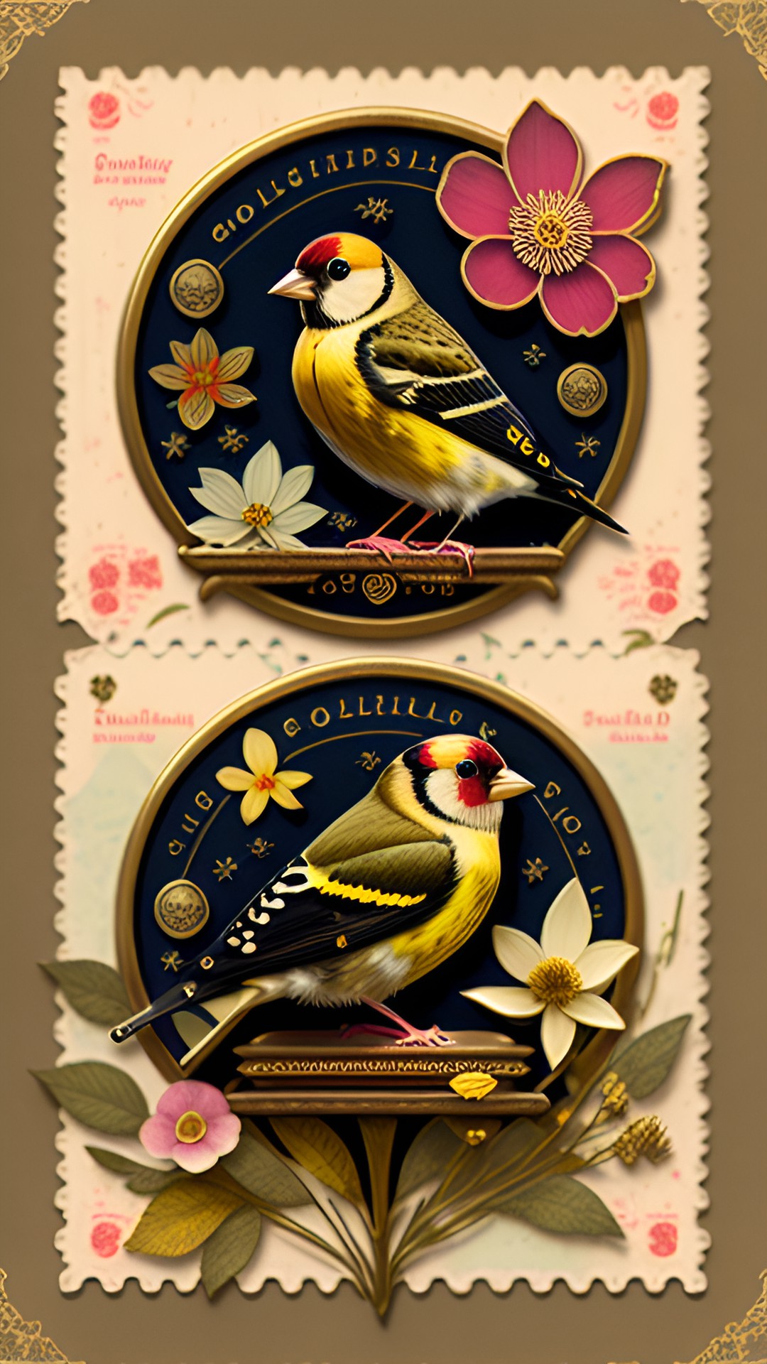 goldfinch and postage stamps and wax seals and pressed flowers antique collage style preview