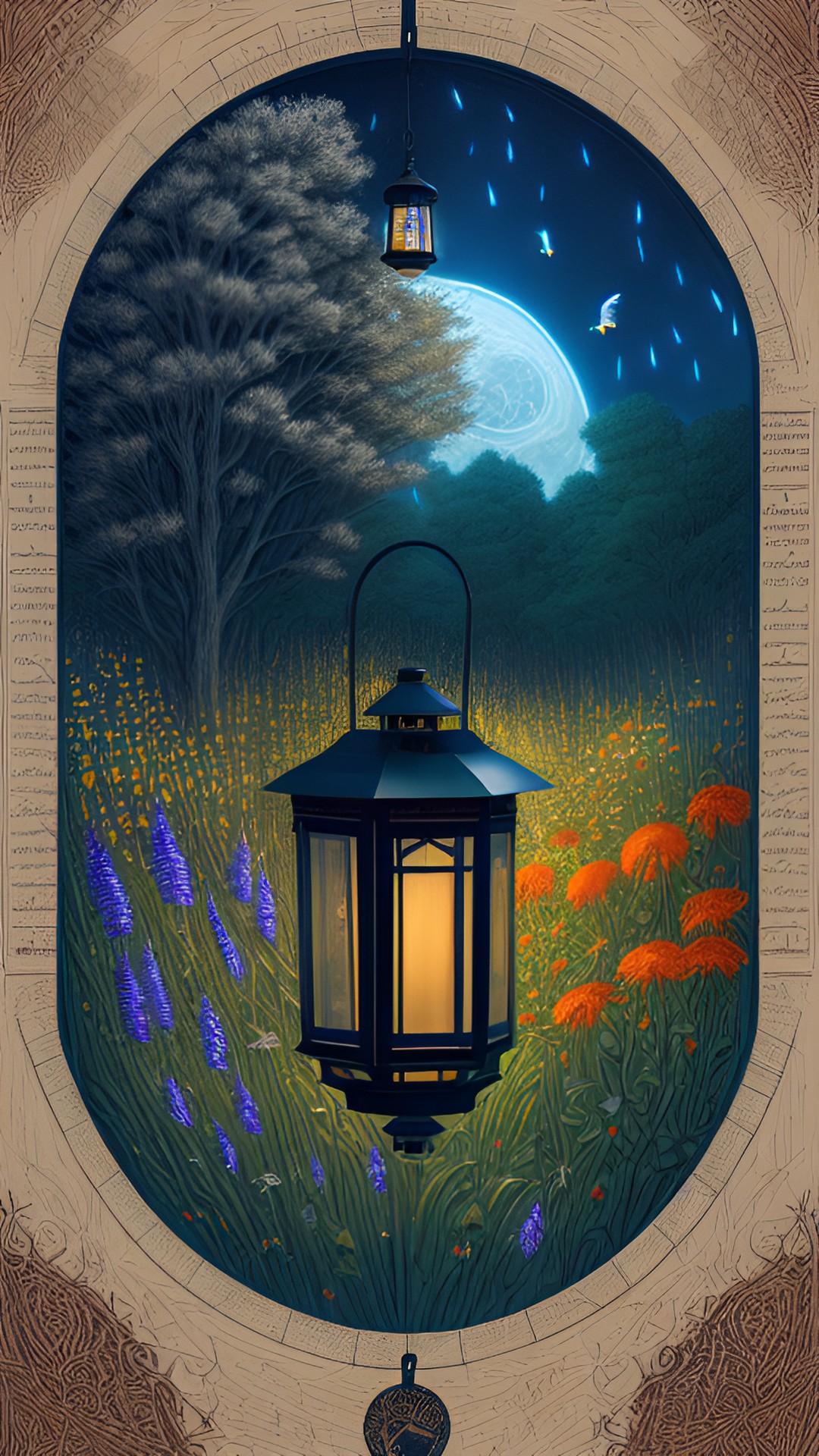 a lantern surrounded with wildflowers, birds, and music notes preview