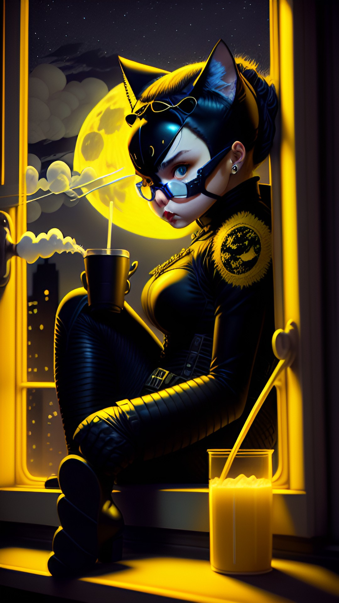 catwoman sits on the windowsill, drinks milk, moon, yellow tactical smoke preview