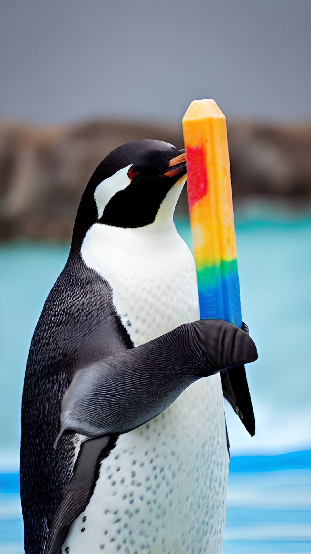 a penguin eating a popsicle. preview