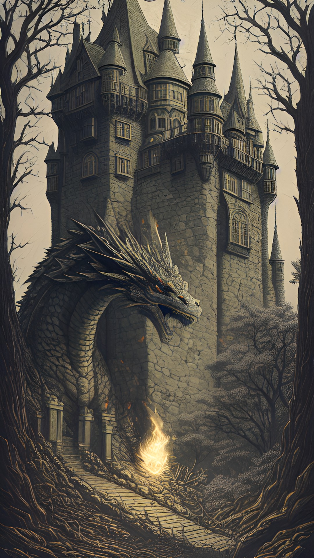 dragon breathing fire over a castle in the woods preview