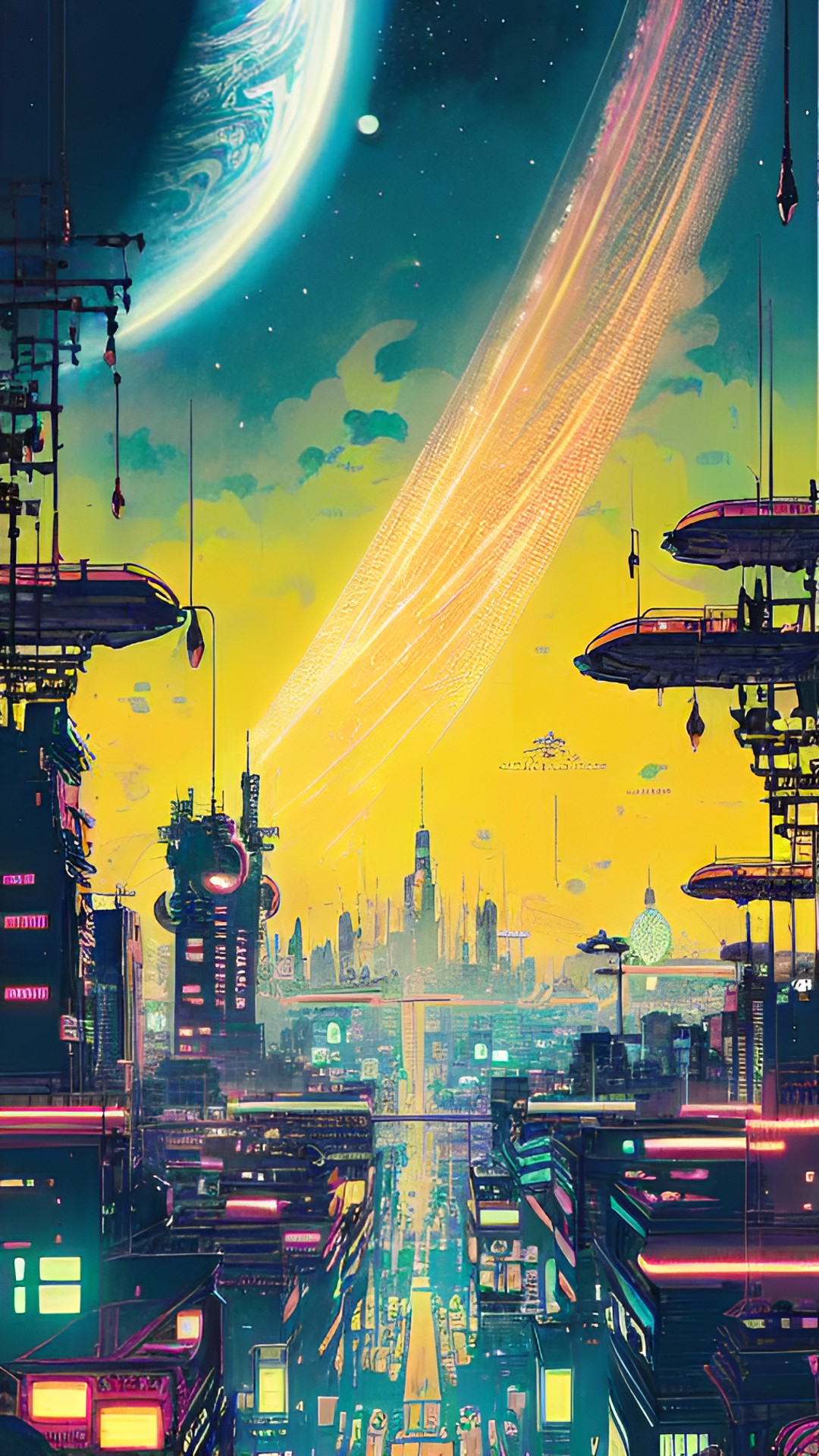 an orbital city glows with electric red, blue, and yellow lights above a ringed planet. preview