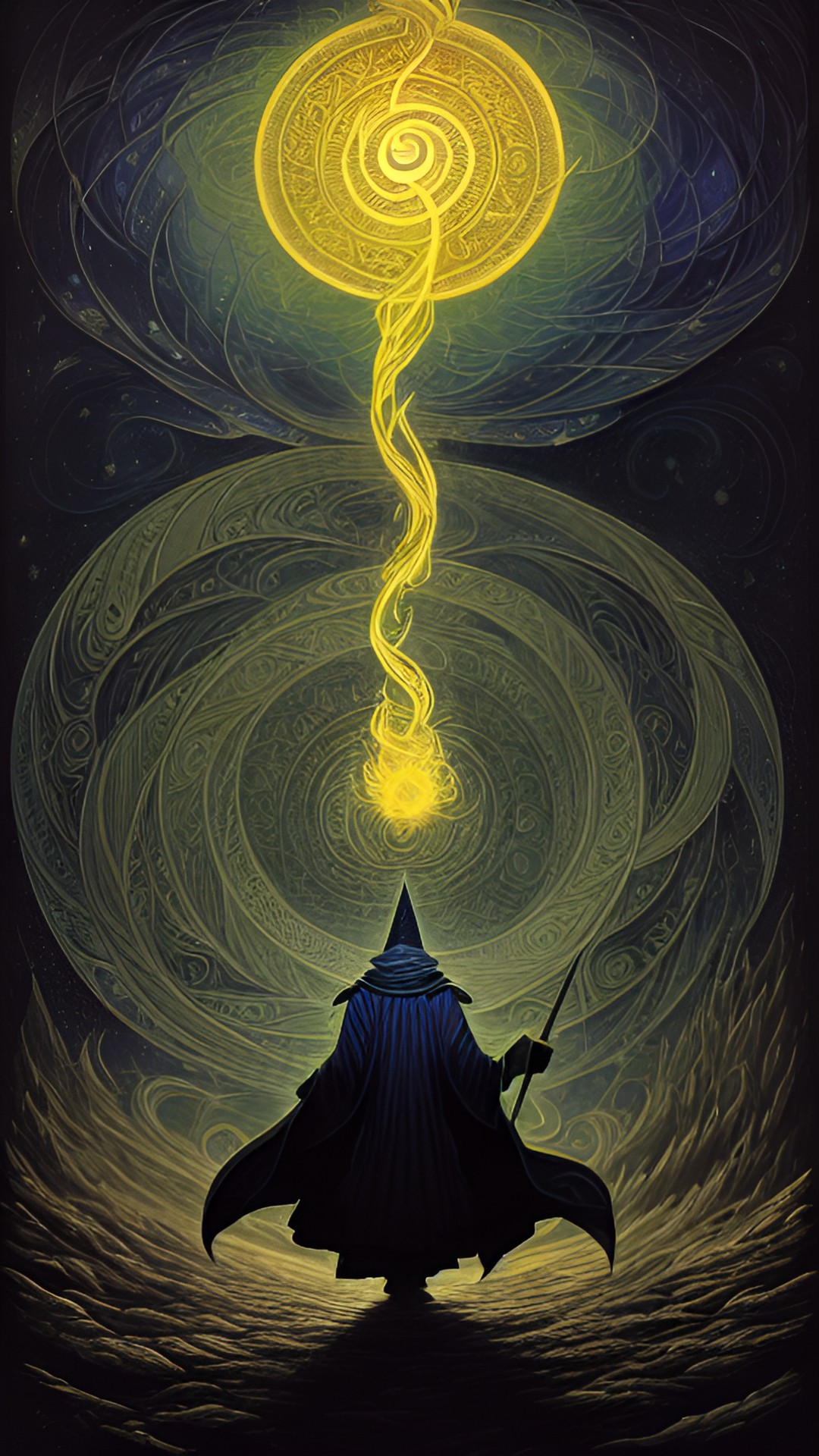 Swirl it! - a wizard holding a giant staff of magic above his head. he is using both hands. elements of magic swirl in the air. preview