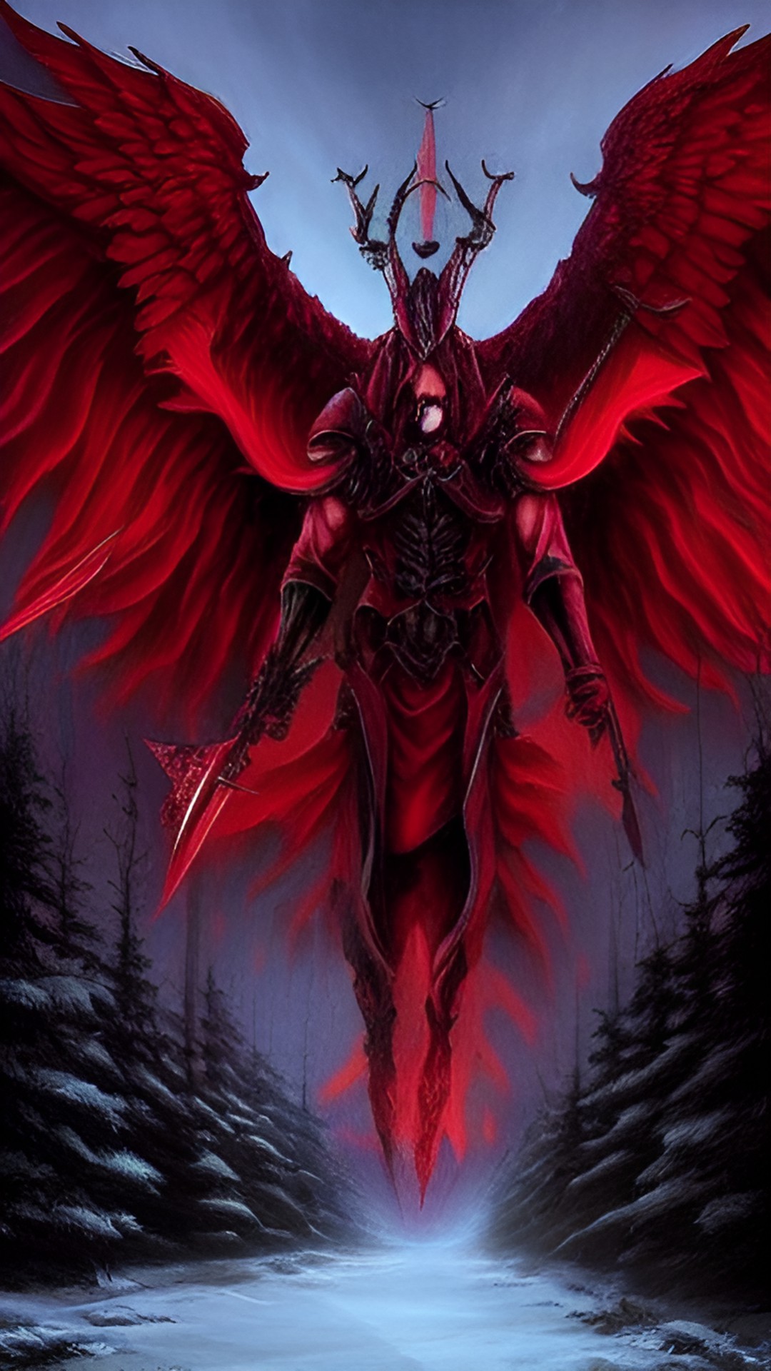 blurry red background, giant 4 winged demon with weapon preview