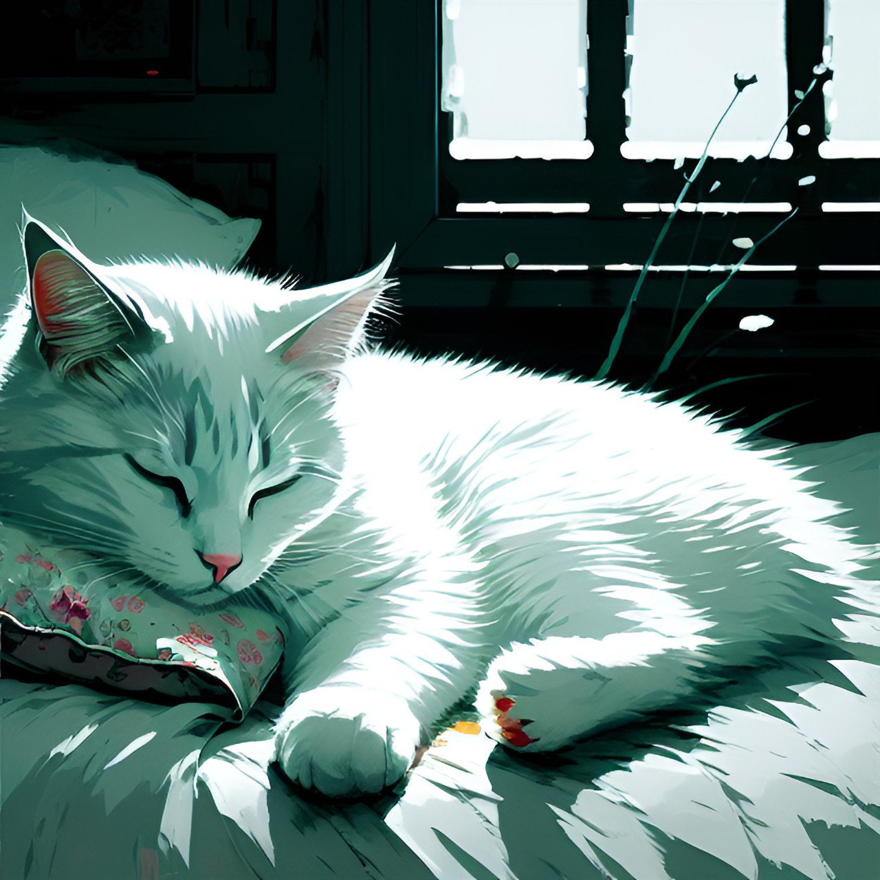 white fluffy cat sleeping on cozy bed preview