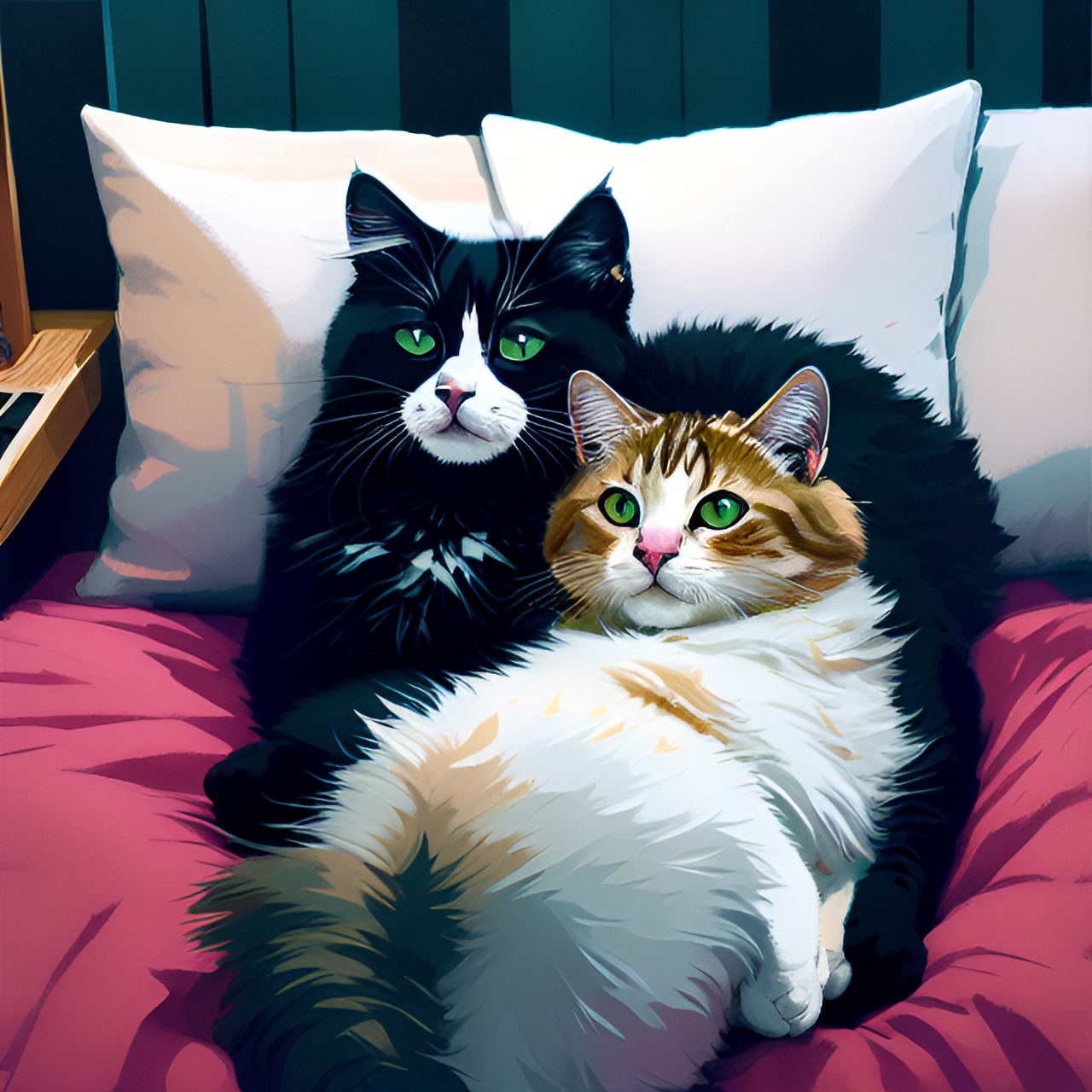 fluffy cats cuddling in cozy bed preview