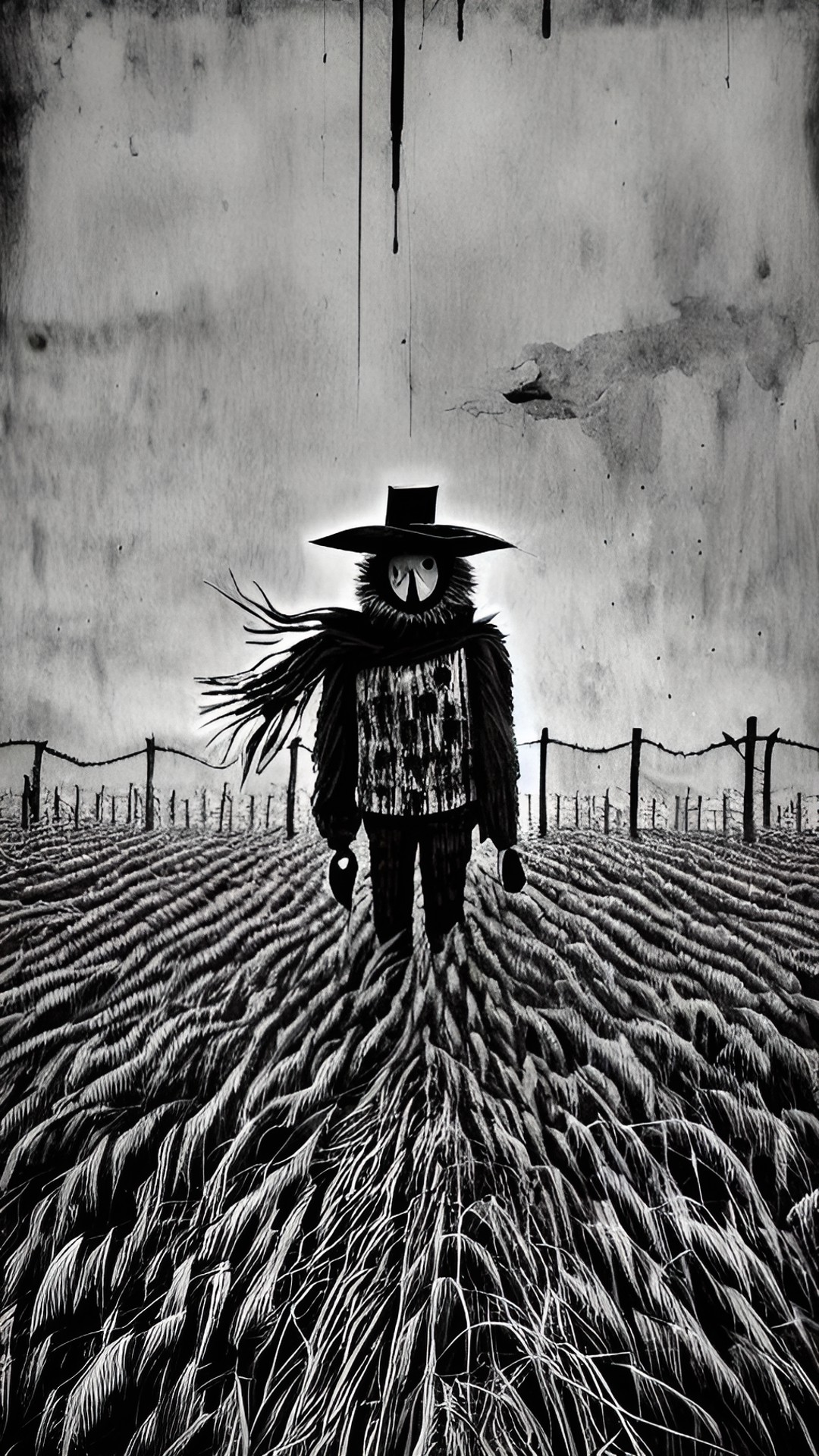 abstract surrealism, scarecrow, monochrome, ink, illustration, drawing, bizarre, disturbing, unsettling, fear instilling, terrifying, horrific preview