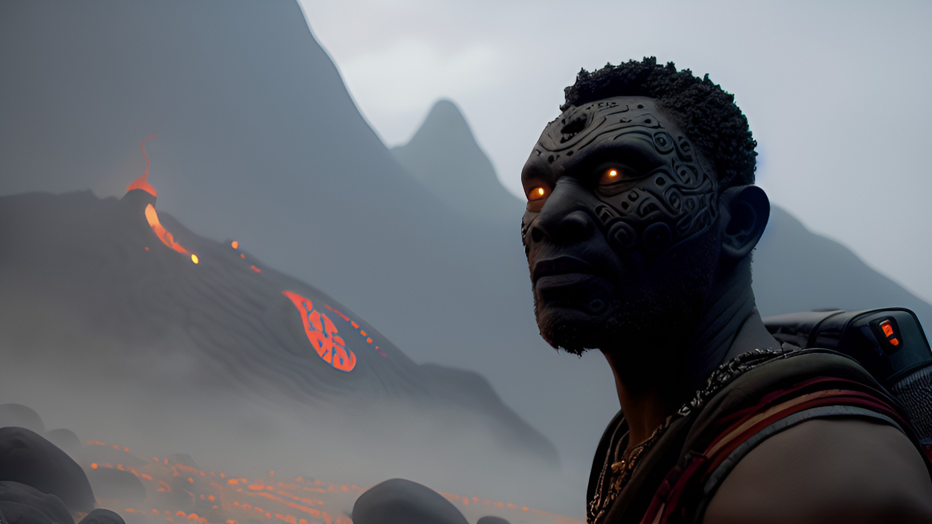 grey colored tribal man who's skin is textured like a craggy stone surface with large lava glowing like eyes holding a gnarled burning driftwood staff unnatural pose preview