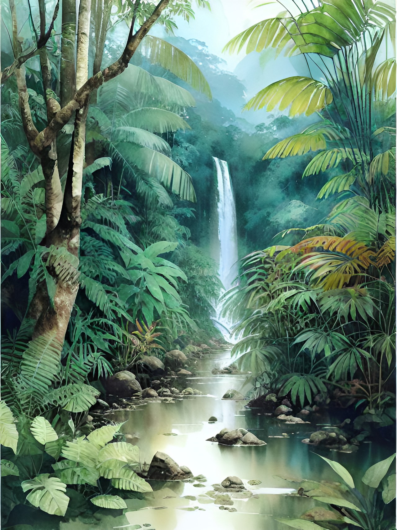 deep valley tropical rainforest jungle, lush overgrown vegetation preview