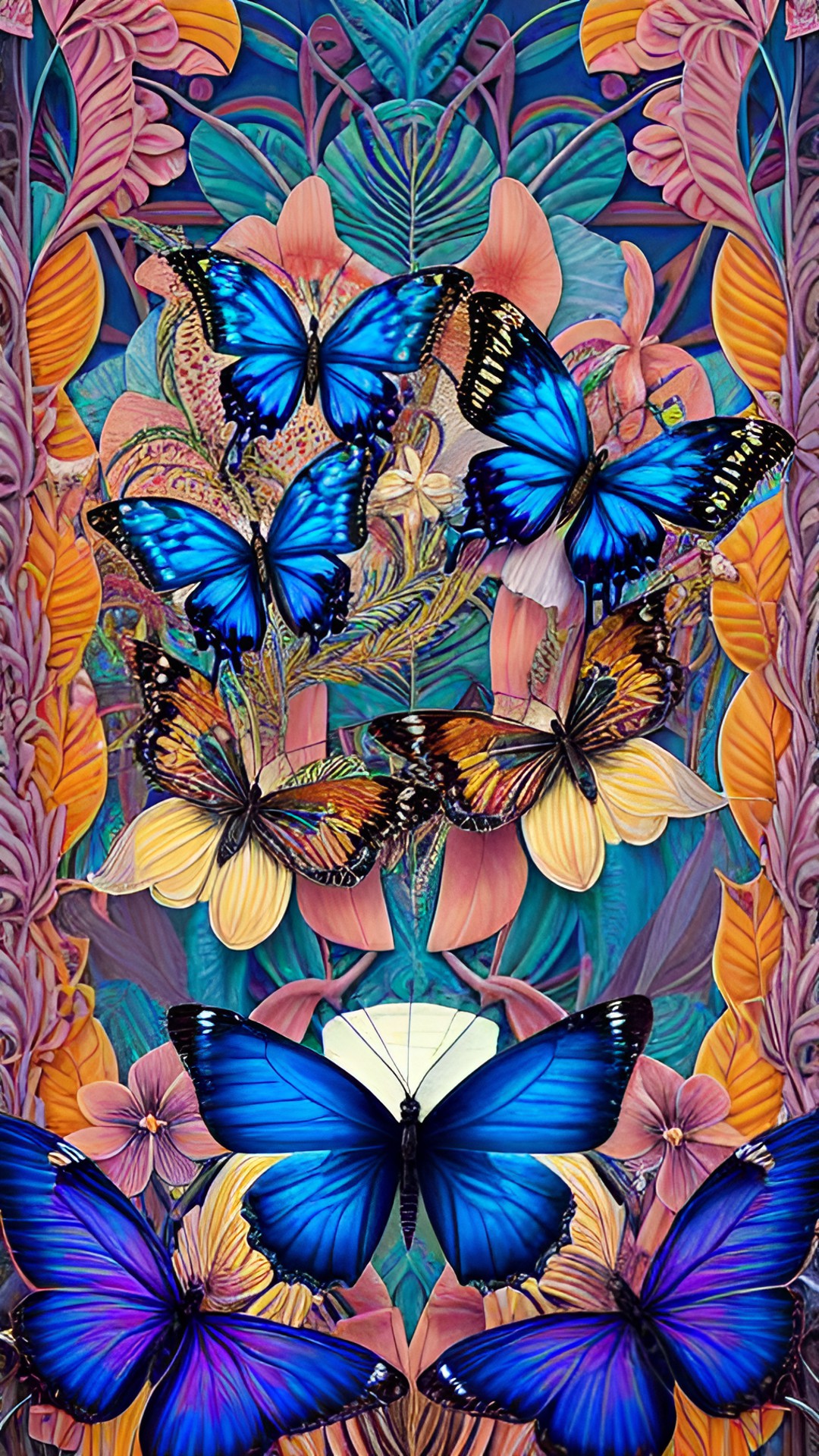 blue butterflies and tropical flowers. preview