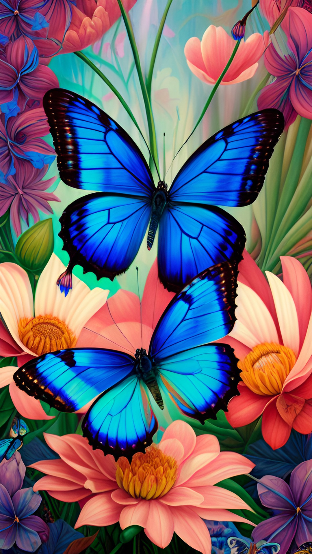 blue butterflies and tropical flowers. preview