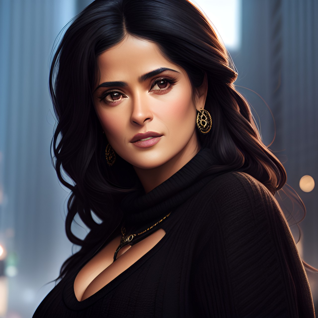 salma hayek in a black sweater, uhd, insane details, detailed eyes, subtle shadows and highlights on her face, rtx, pbr, hdr, natural skin texture, soft cinematic light, global illumination preview