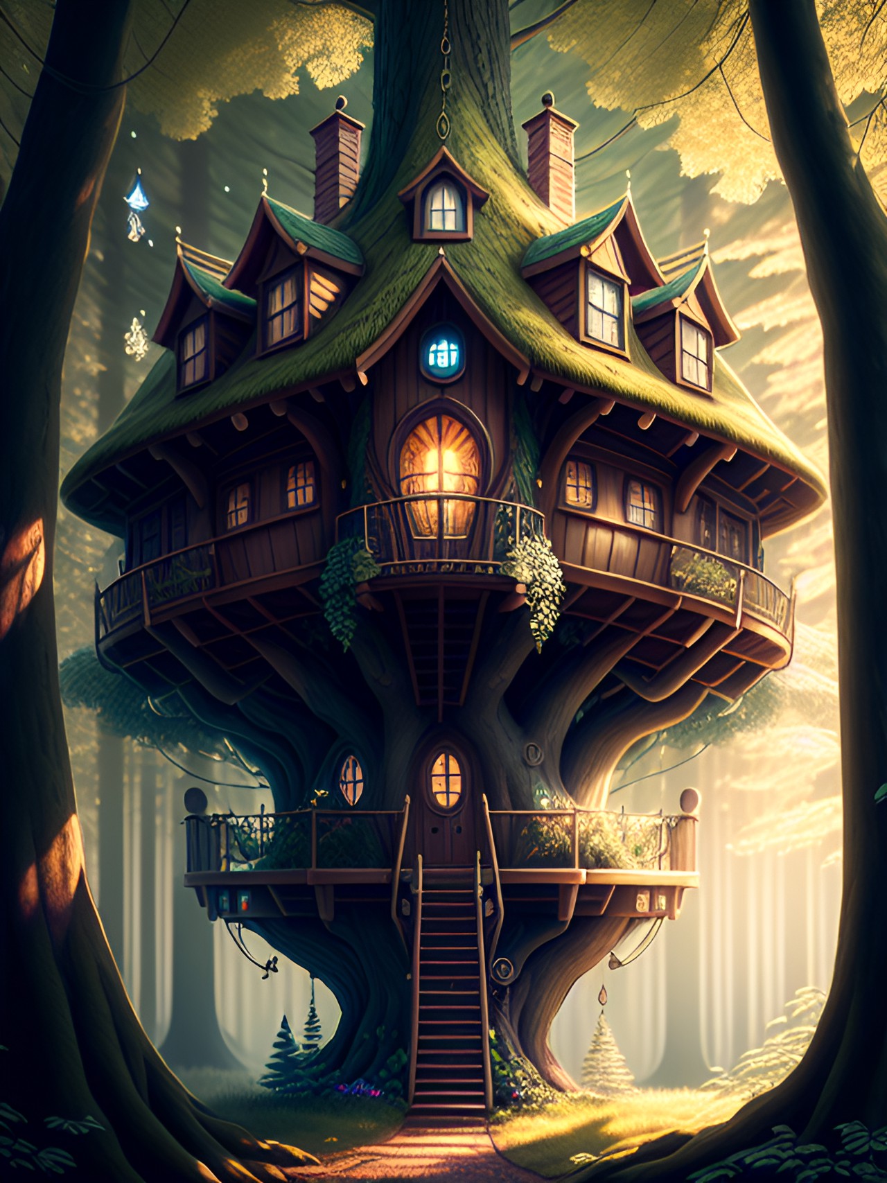 tree House - treehouse, detailed, grown up treehouse, fairy, ancient, high definition, 4k, hyper realistic, enchanting preview