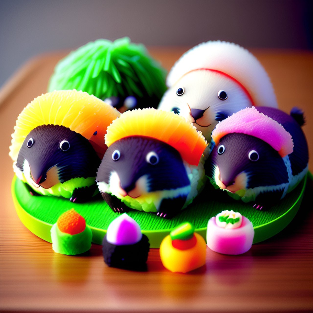 sushi, made with adorable wombats, rice, seaweed, and colorful vegetables. tiny, real, fluffy wombat faces sticking out of rolled sushi. preview