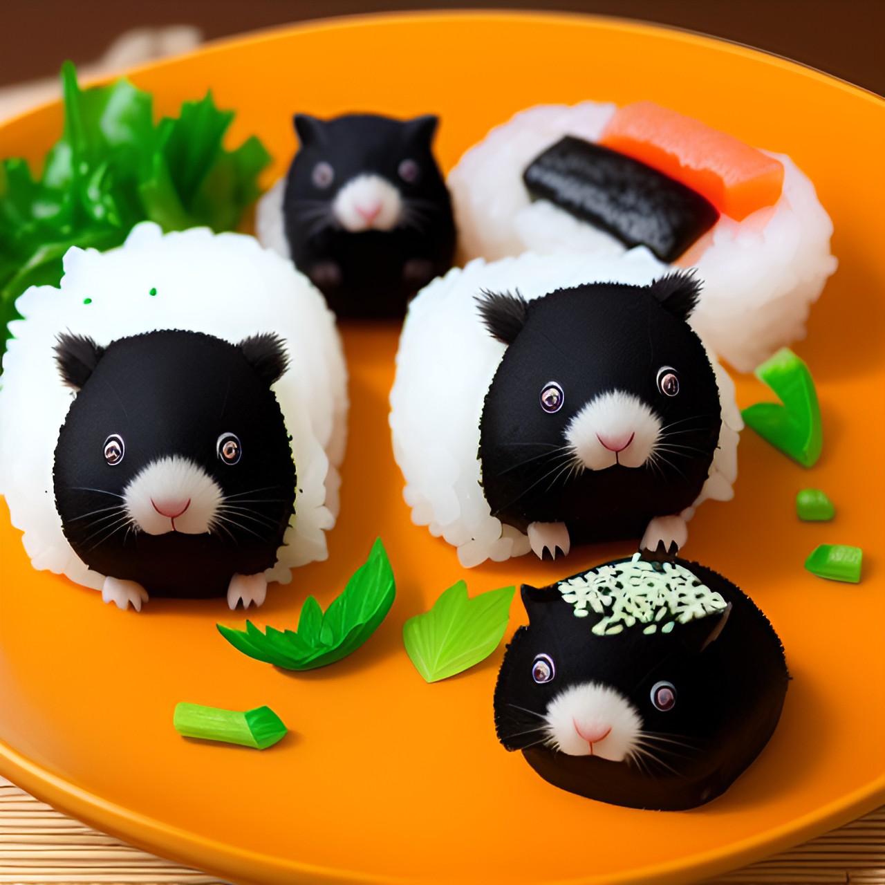 sushi, made with adorable wombats, rice, seaweed, and colorful vegetables. tiny, real, fluffy wombat faces sticking out of rolled sushi. preview